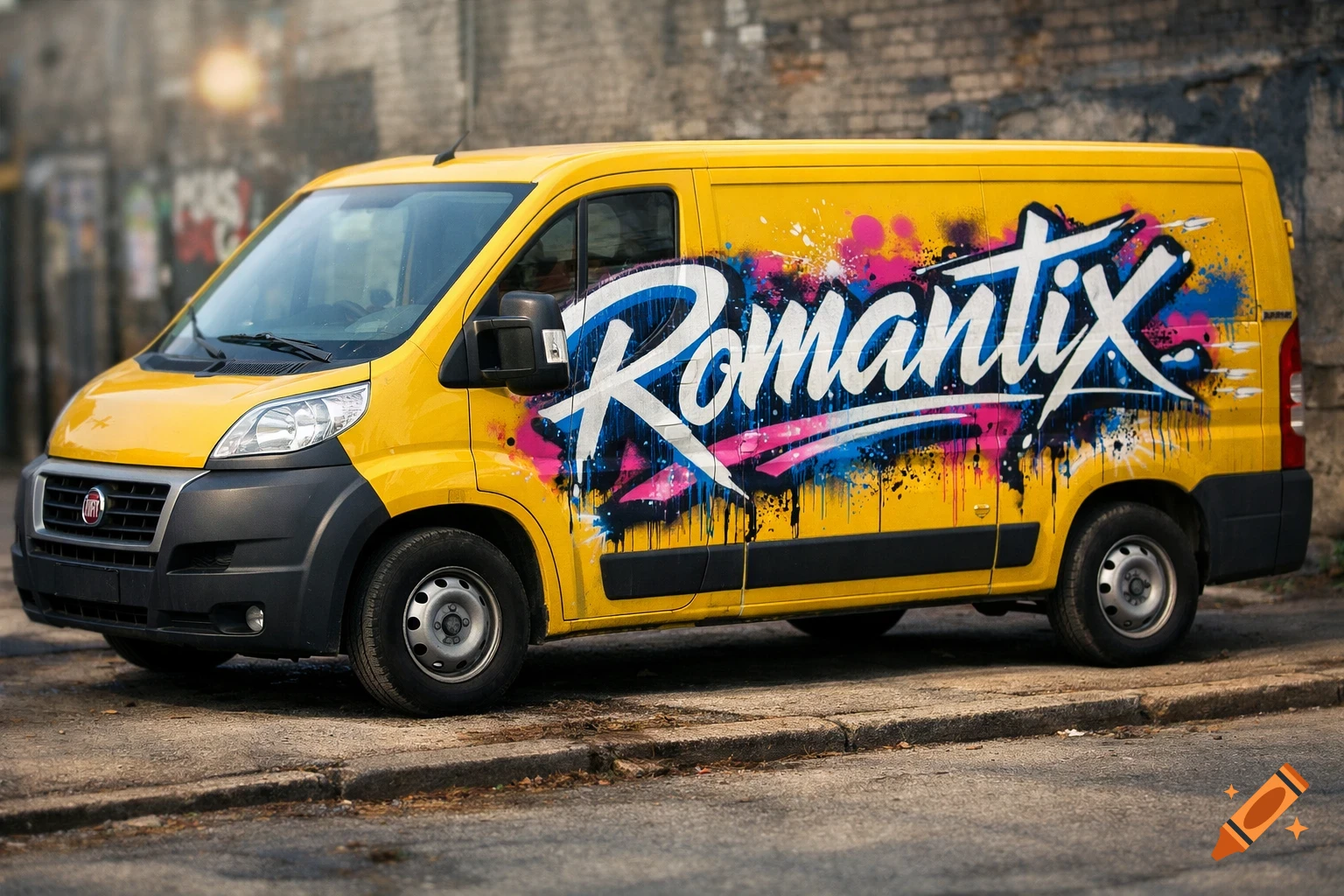 A bright yellow Fiat Transporter van with colorful 'Romantix' graffiti on its side, parked on an urban street.
