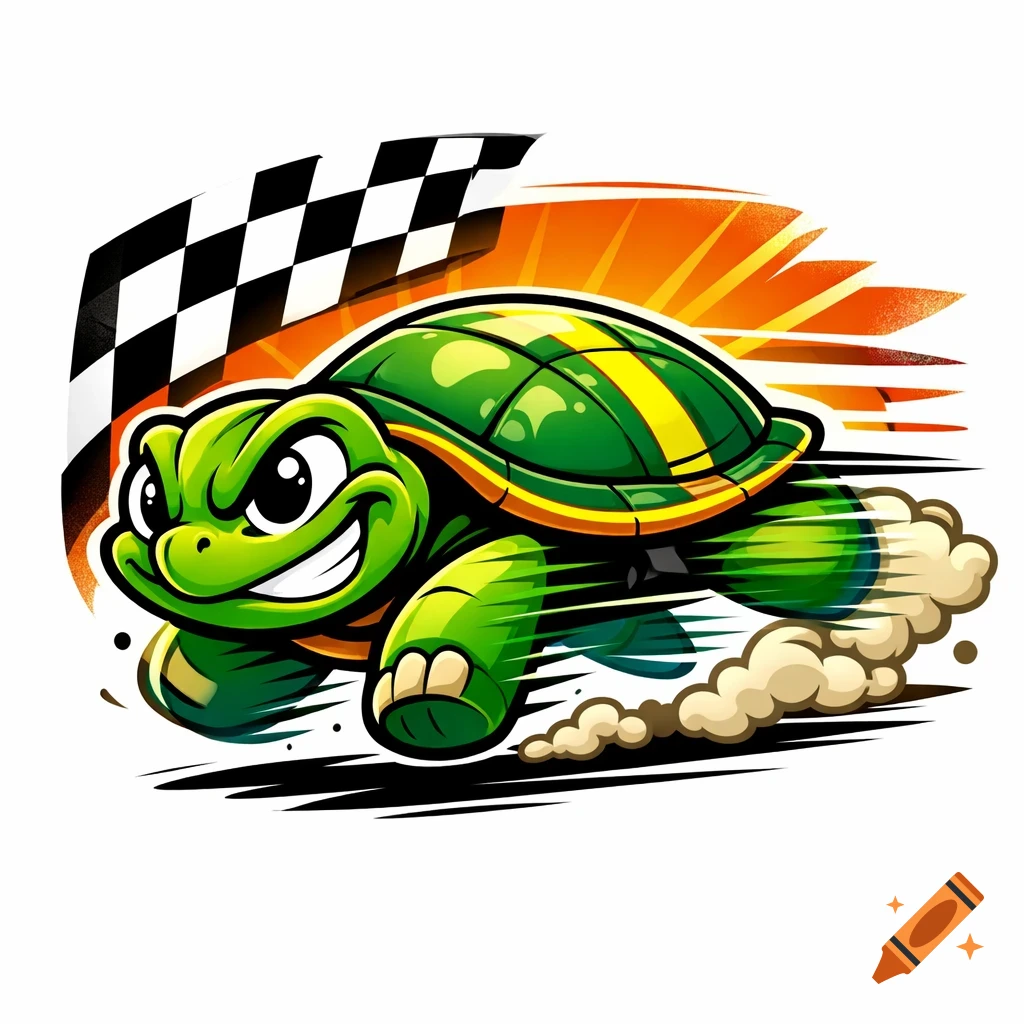 Funny cartoon of a speedy green turtle with a wide grin, racing past a checkered flag with a smoke trail.
