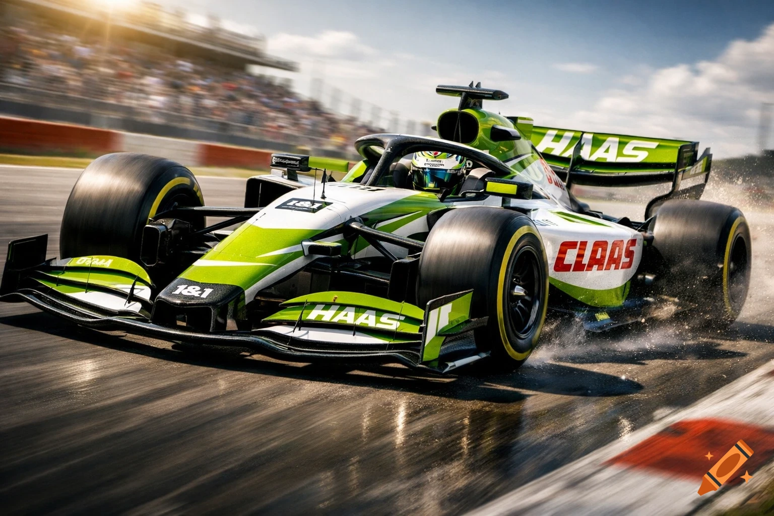 A green and white Haas Formula 1 race car with 'CLAAS' and 'HAAS' logos, splashing water on a wet track under sunny skies.