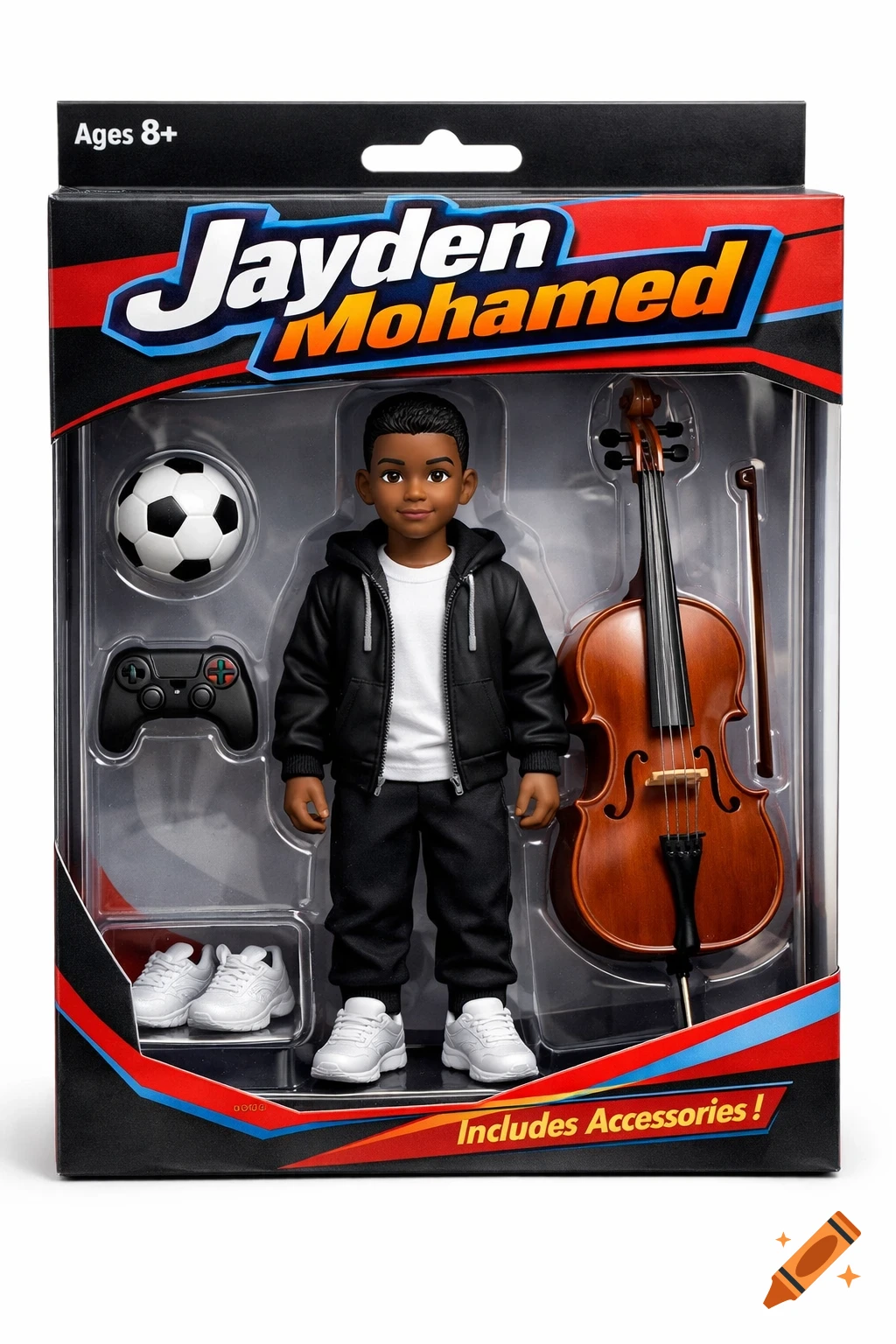 Photorealistic image of a boxed action figure, a young Black boy with a soccer ball, game controller, cello, and extra shoes.