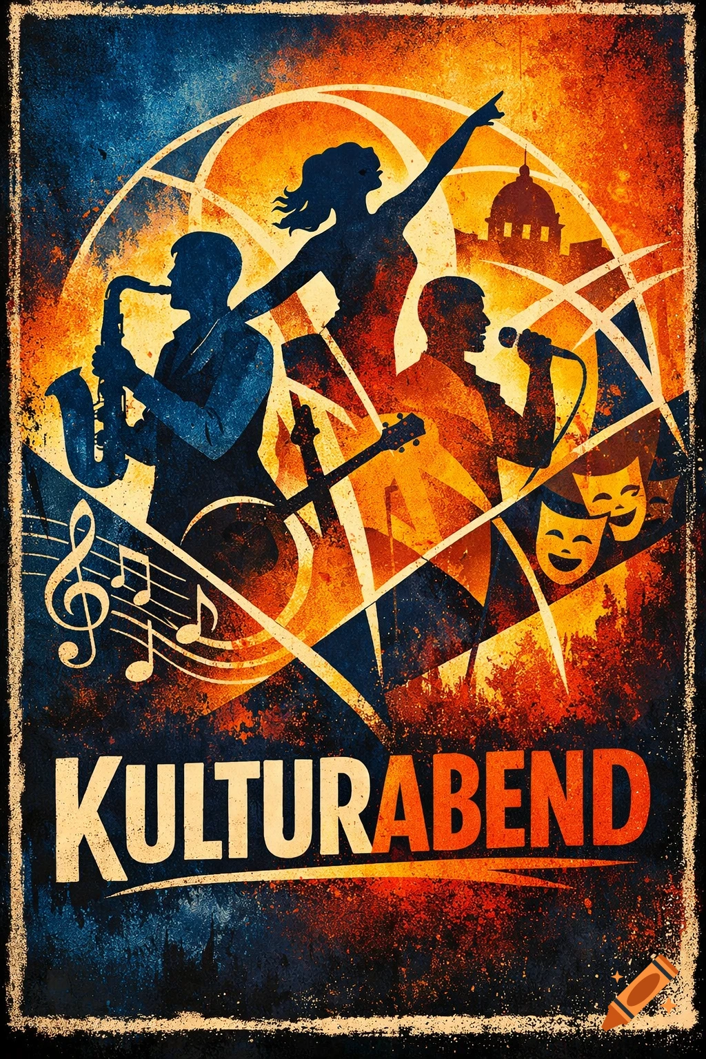 A grunge-style poster for a 'Culture Evening' featuring silhouettes of musicians, a dancer, musical notes, and theatre masks against an orange and blue background.