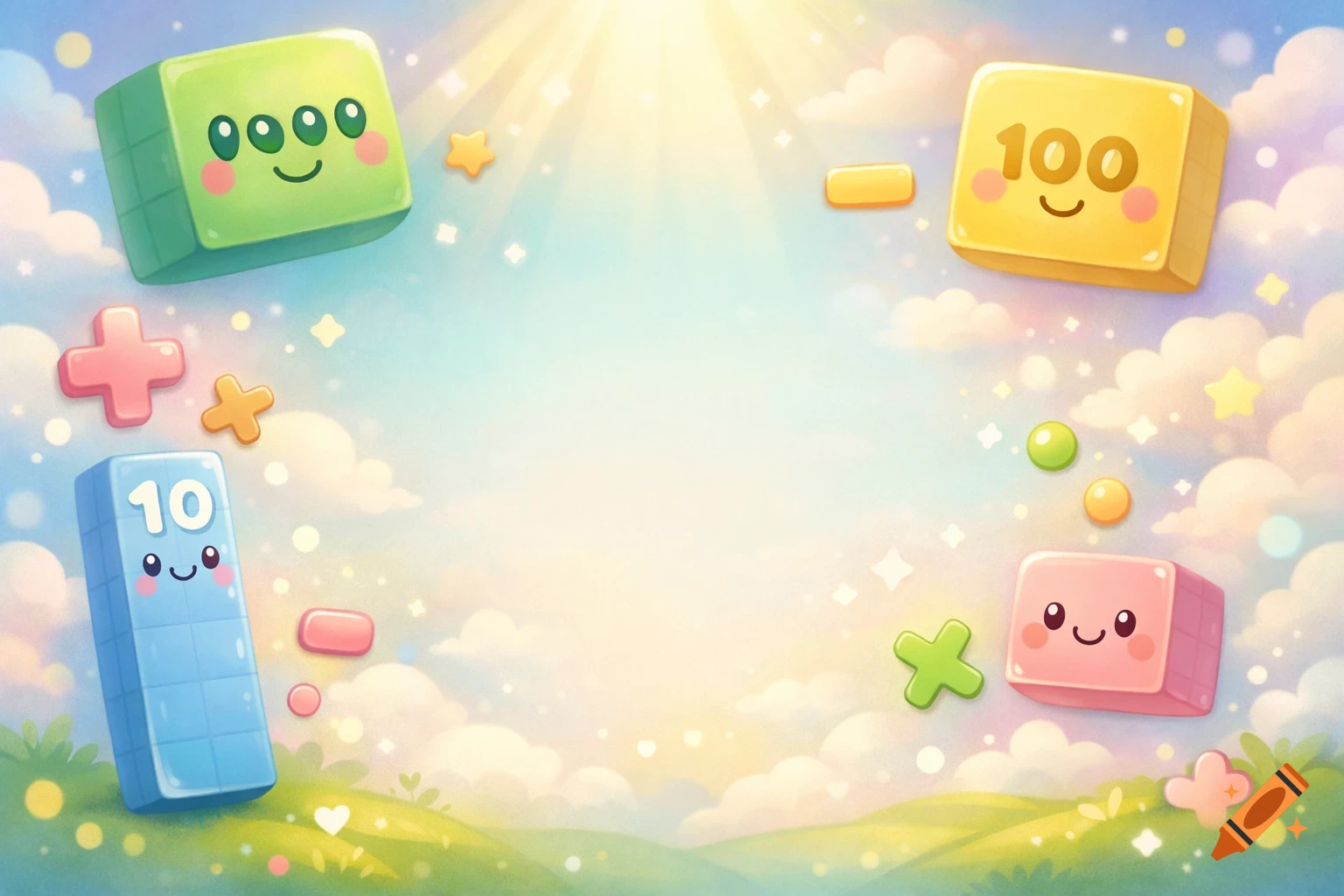 Cute cartoon math background with smiling number blocks and symbols (10, 100, plus, minus) floating among clouds and stars.