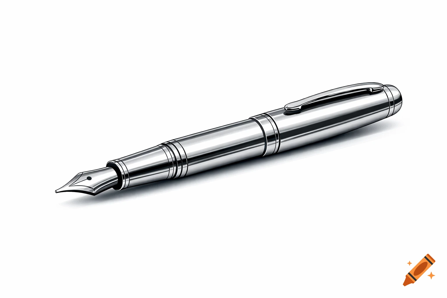 A shiny silver fountain pen with a detailed nib and clip, resting on a pure white background.