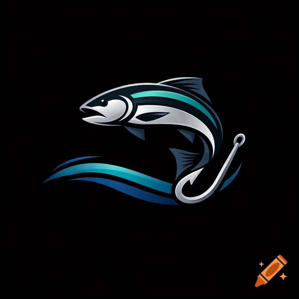 Modern fishing brand logo featuring a stylized fish jumping over a silver fishing hook and blue waves on a black background.
