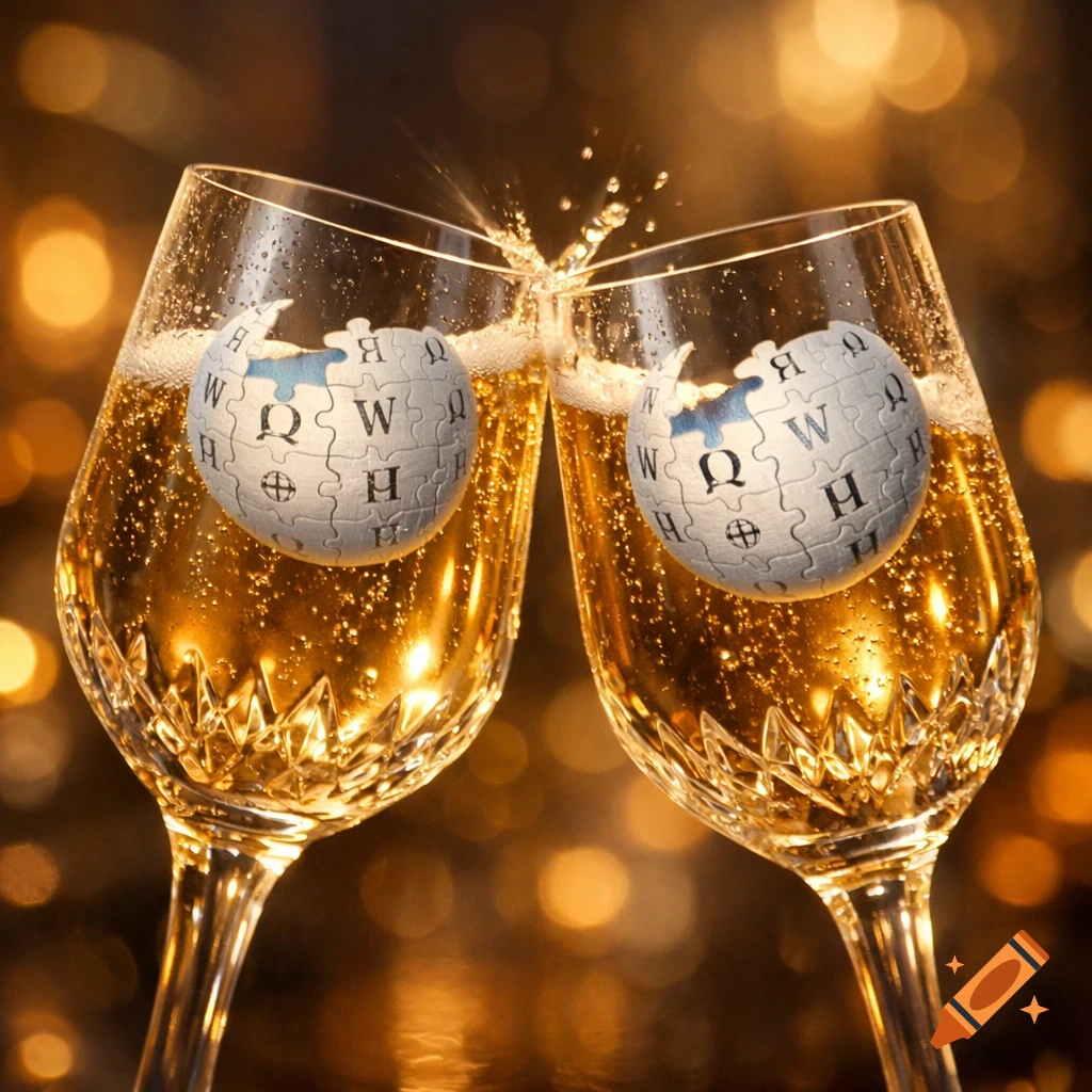 Two champagne glasses clinking together, each containing a Wikipedia logo, with golden bokeh lights in the background.