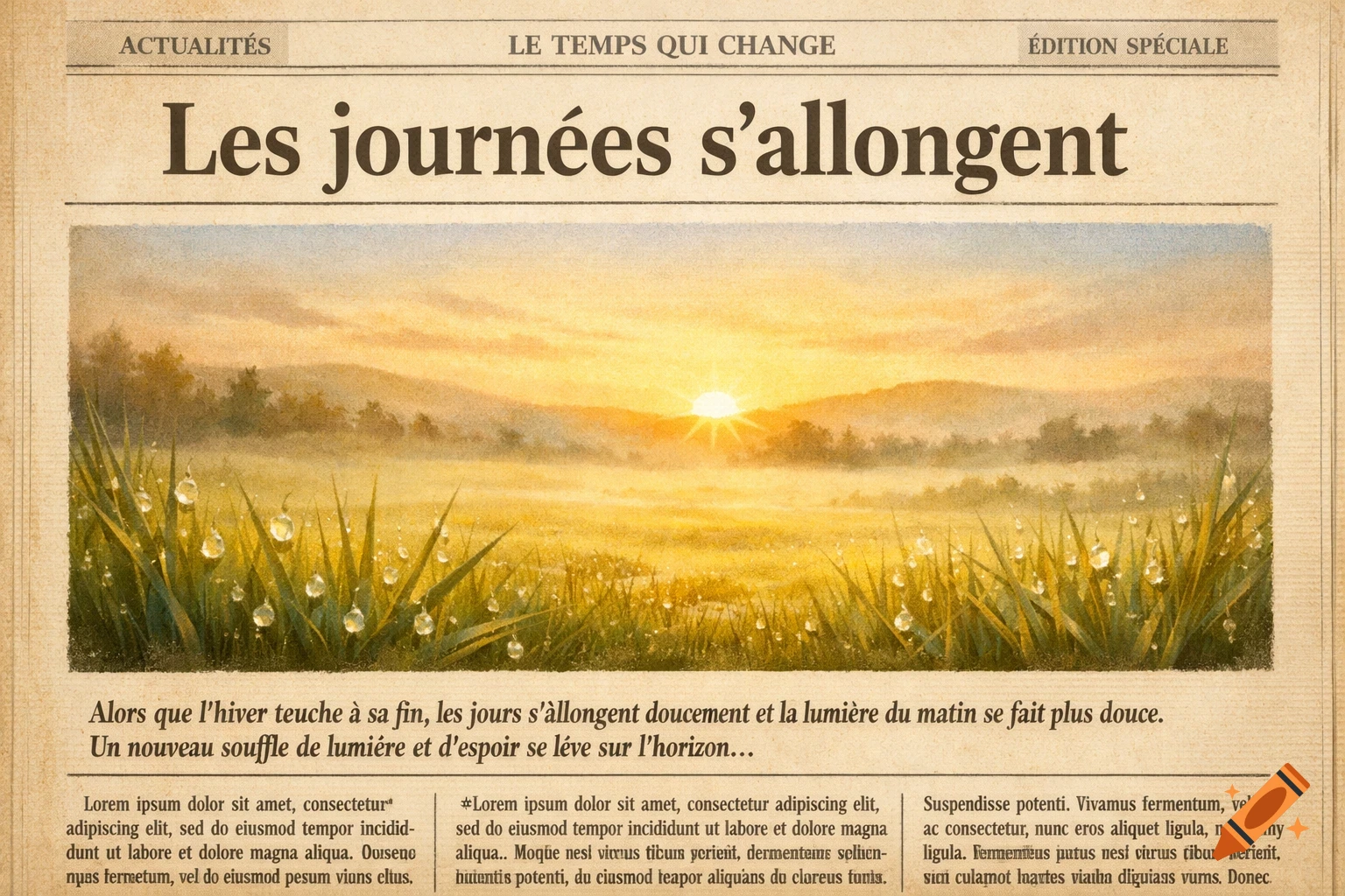 An old newspaper front page with the headline "Les journées s'allongent" (The days are getting longer) above an illustration of a golden sunrise over a dewy field with tall grass.