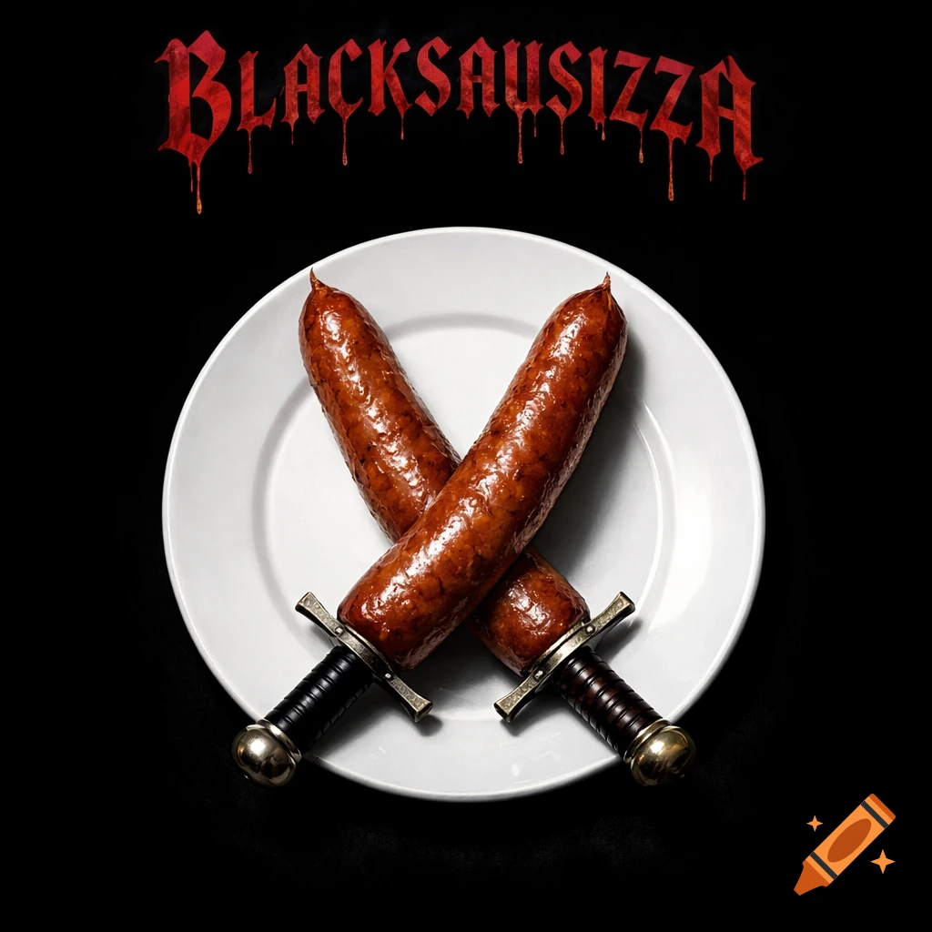 Two sausages shaped like crossed swords on a white plate against black, with red gothic text 'BLACKSAUSIZZA' above.