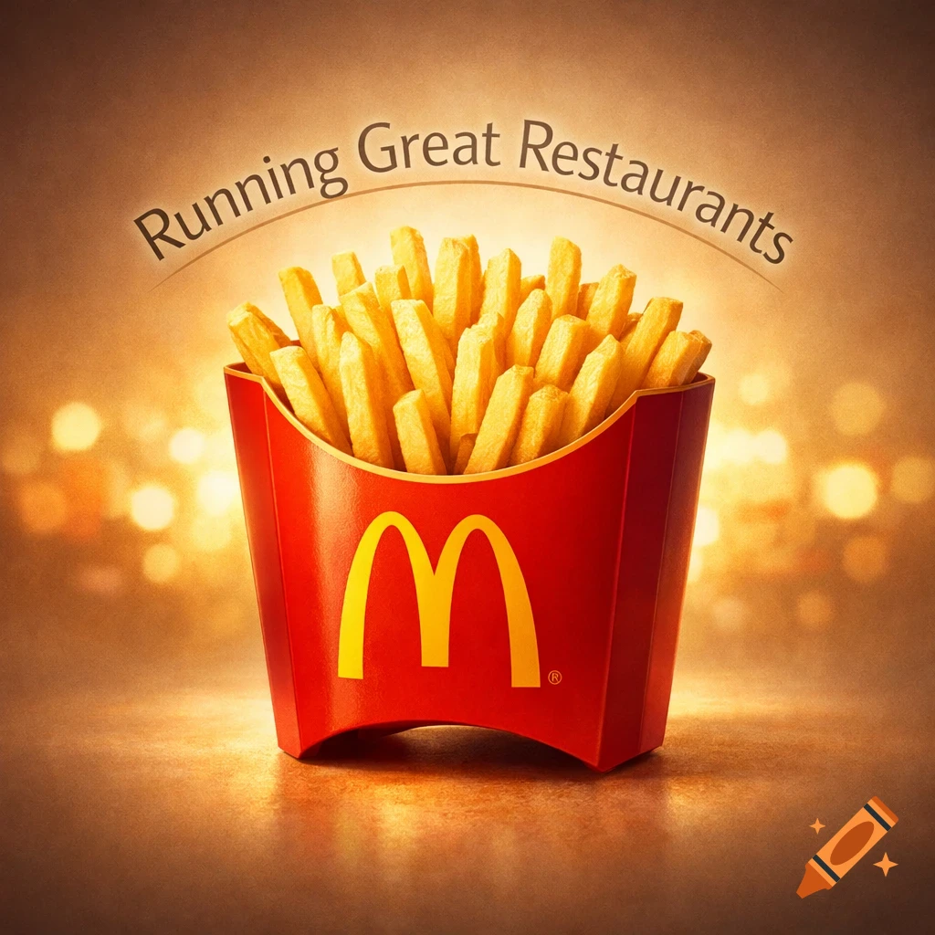 A bright image of a McDonald's fry box overflowing with golden french fries, with "Running Great Restaurants" arcing above it.