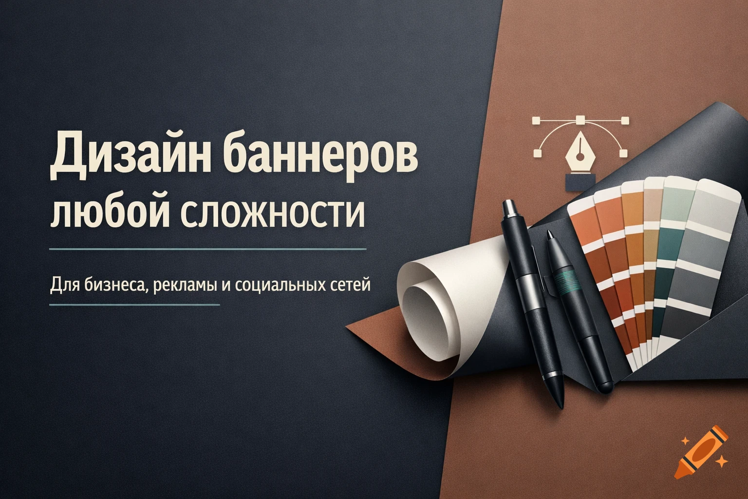 Professional banner in Russian: 'Banner design of any complexity', with graphic design tools and a color palette on a dark, two-tone background.