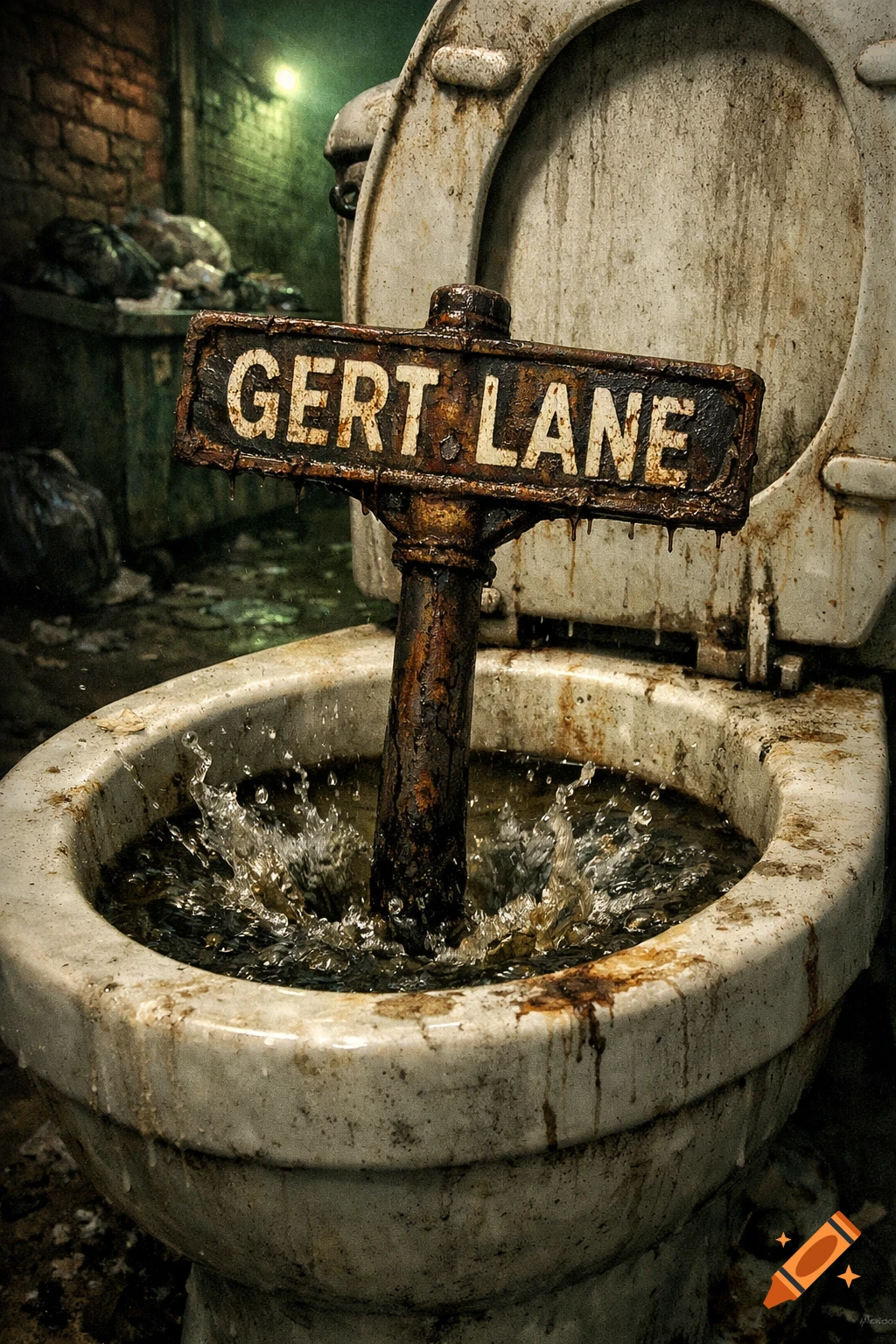 A rusty 'GERT LANE' street sign emerges from a dirty, overflowing toilet with splashing murky water in a dark, grimy room. Photorealistic.