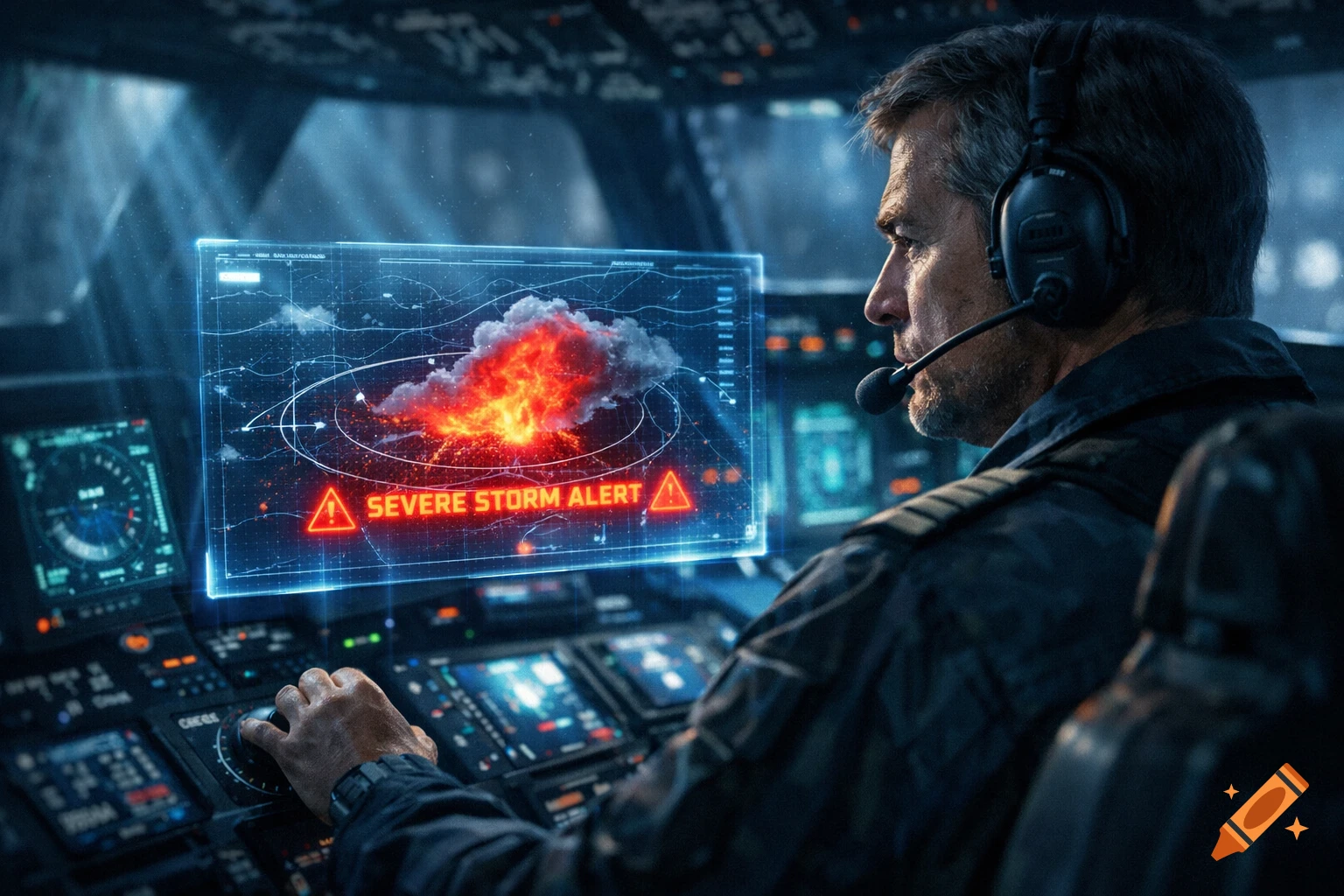 Photorealistic pilot in a futuristic cockpit looking at a holographic display with a 'SEVERE STORM ALERT'.
