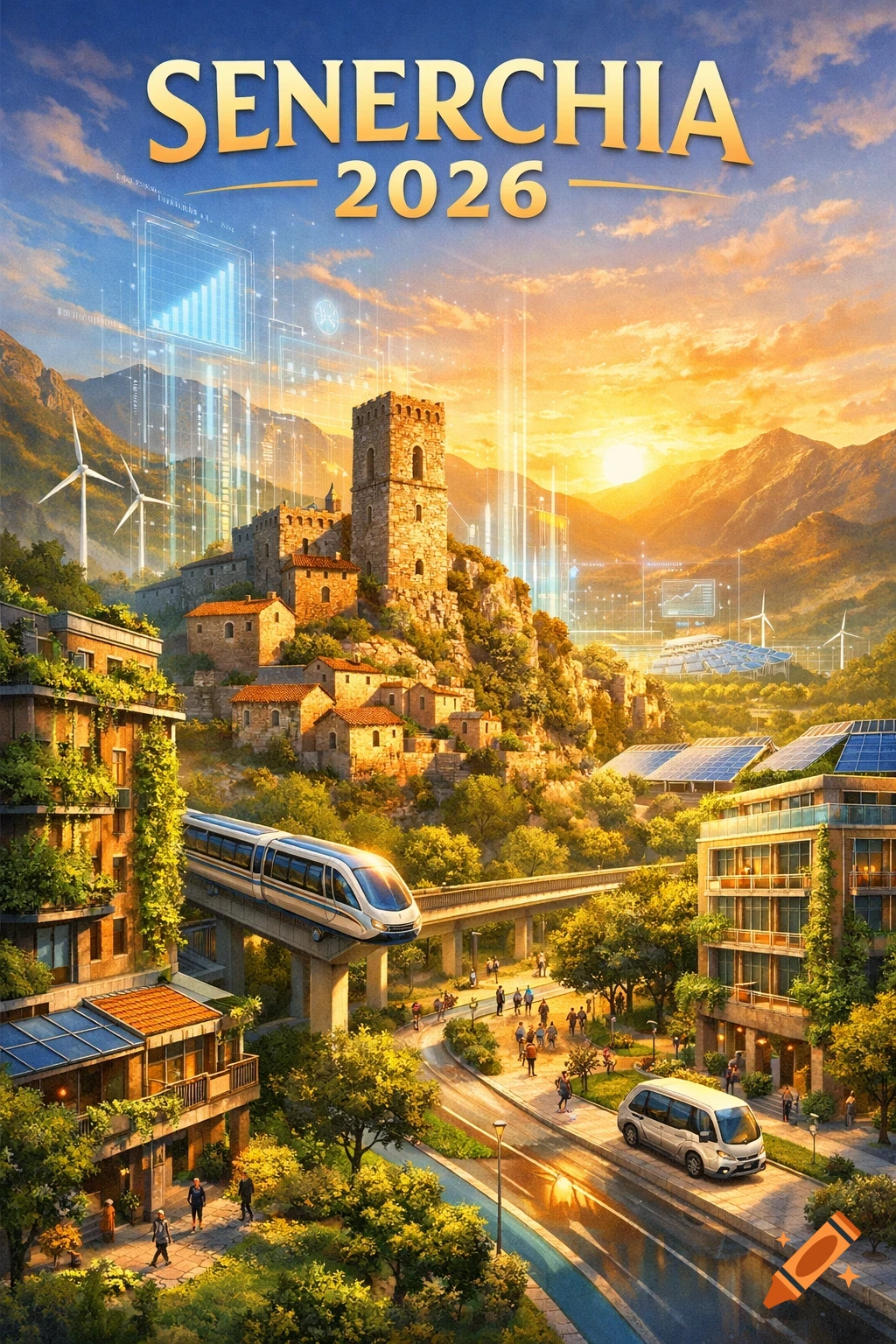 A vibrant futuristic cityscape with a medieval castle, wind turbines, and solar panels under a sunset, featuring the text 'SENERCHIA 2026'.