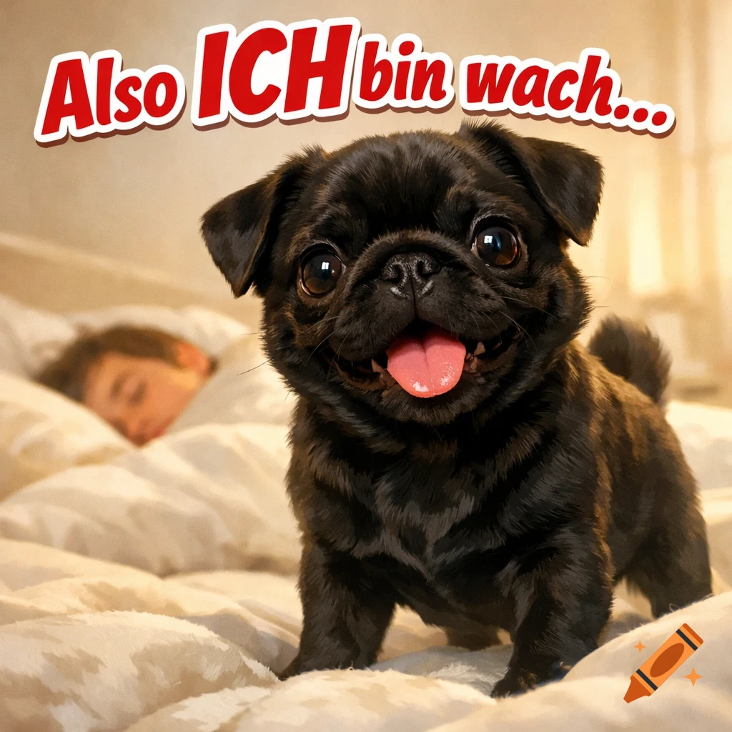 A close-up of a happy black pug on a bed with text, 'Also ICH bin wach...', and a sleeping person in the background.