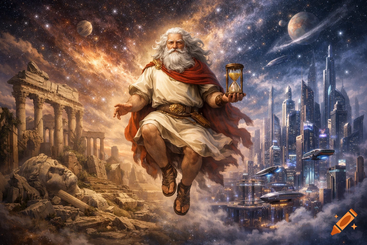 A wise, bearded old man in an ancient tunic floats between cosmic ruins and a futuristic city under a starry sky, holding an hourglass.