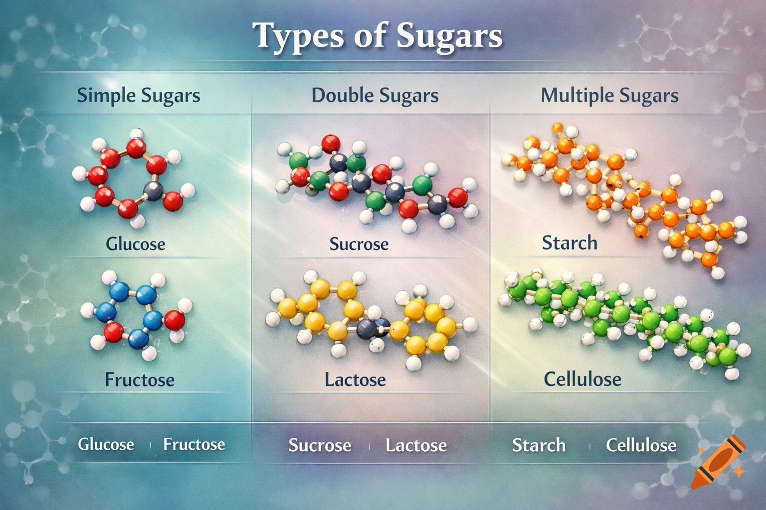 Infographic displaying molecular structures of simple (glucose, fructose), double (sucrose, lactose), and multiple (starch, cellulose) sugars.