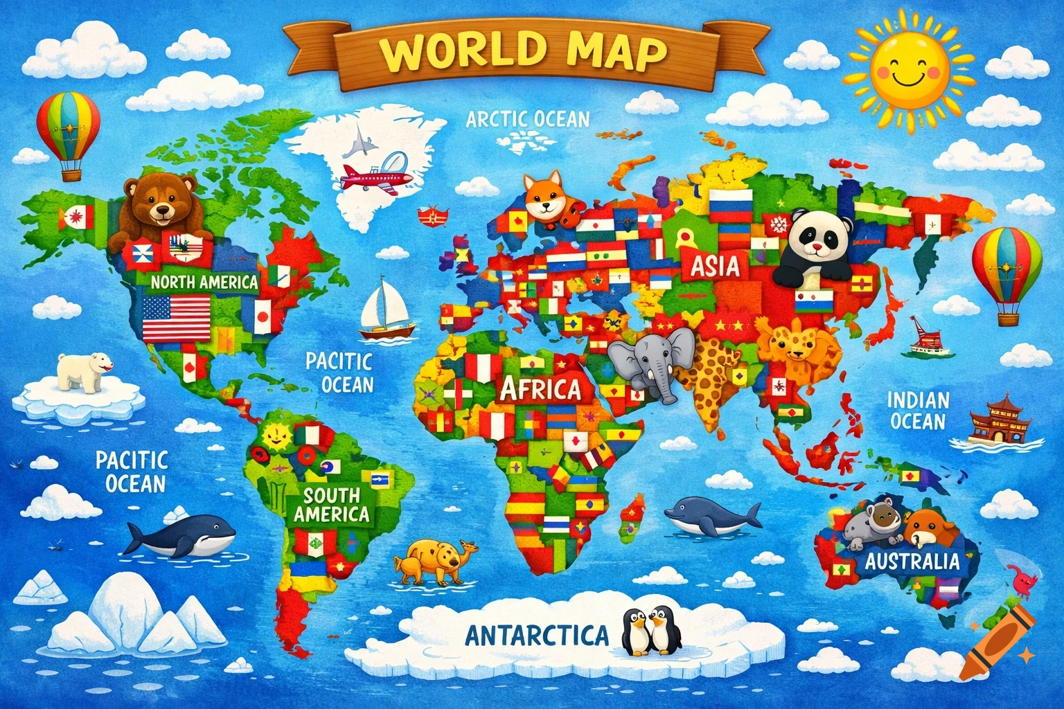 A colorful, cartoon-style world map for a kid's room, showing continents labeled with animals, hot air balloons, and flags on a bright blue ocean background with a smiling sun and clouds.