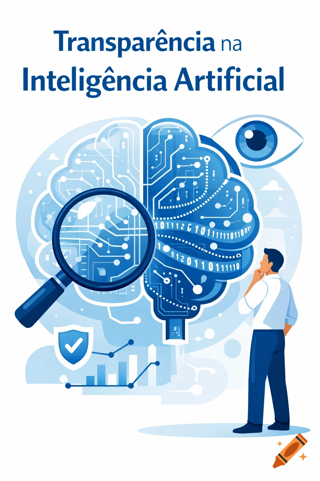 Educational illustration of a brain with circuits, a magnifying glass, an eye, and a man, symbolizing transparency in AI with Portuguese text.