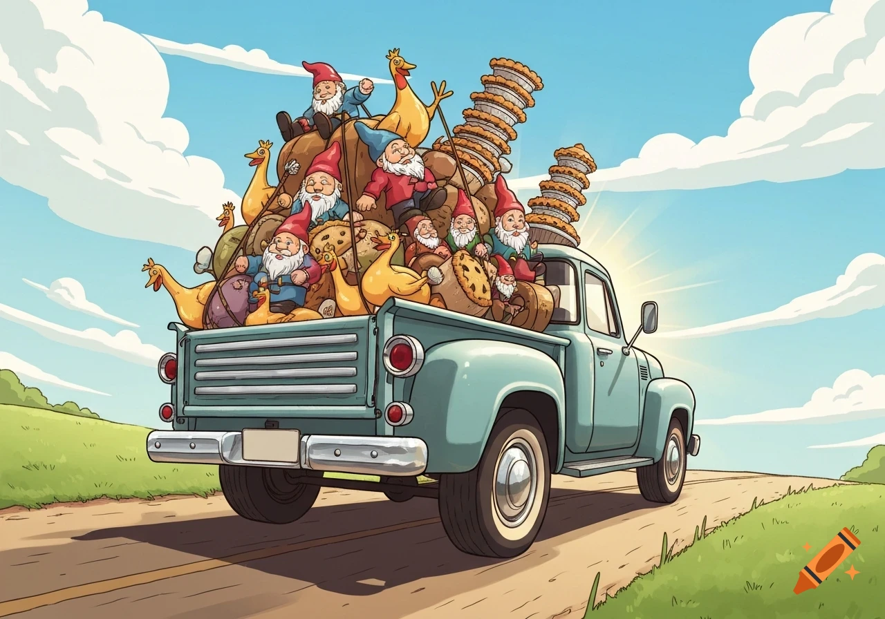 A whimsical cartoon shows a vintage light blue pickup truck overflowing with gnomes, chickens, pies, and cookies driving down a road under a sunny sky.