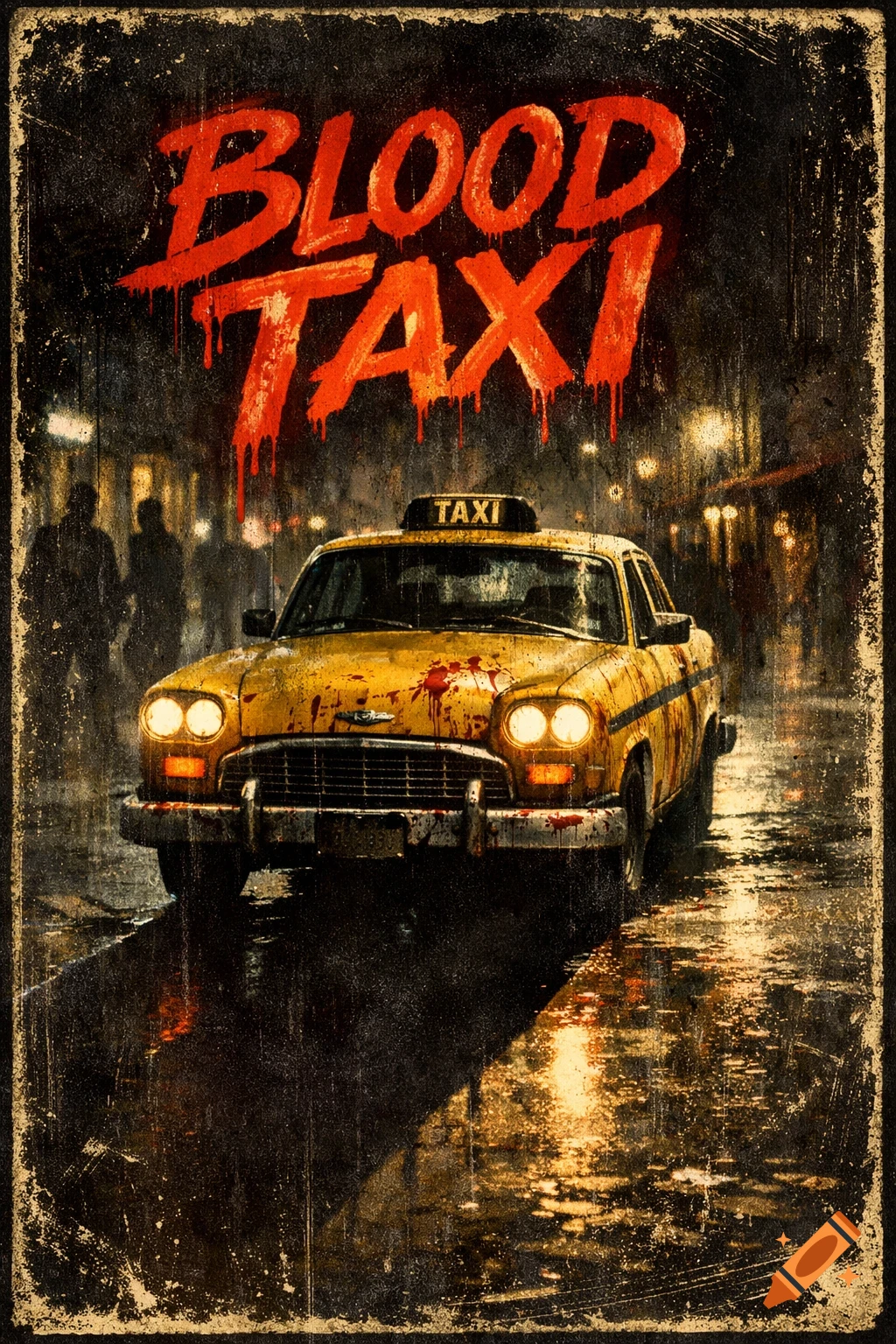 Stylized horror movie poster for 'Blood Taxi' with a blood-splattered yellow cab on a wet, dark city street at night.