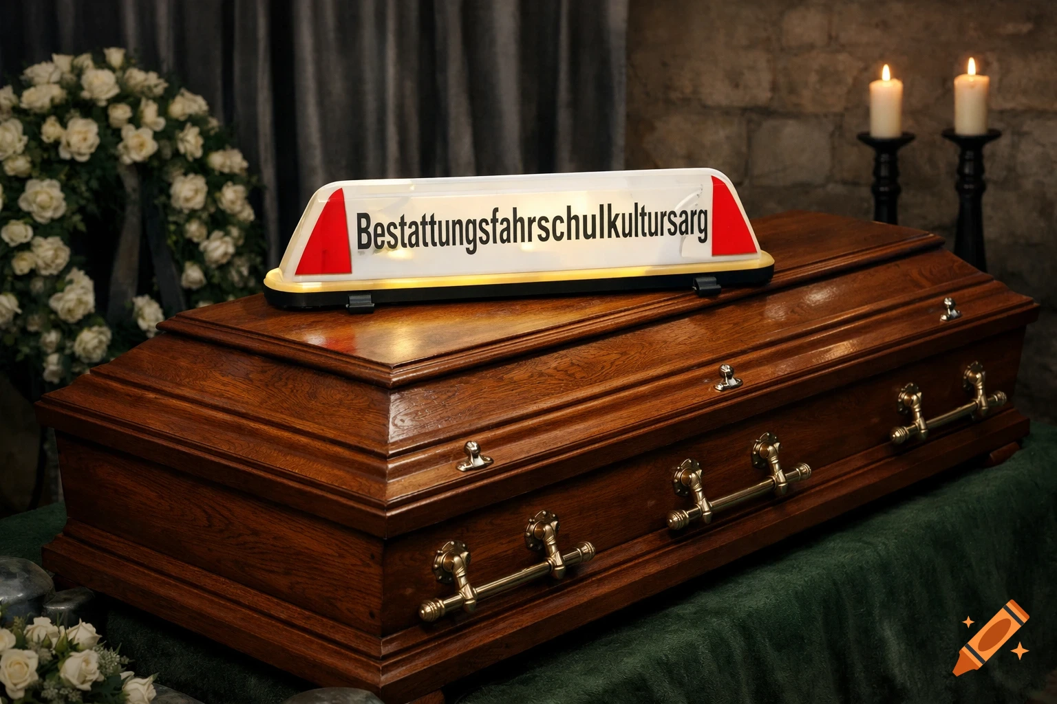 A photorealistic image of a polished wooden coffin with a white, red, and yellow sign on top reading "Bestattungsfahrschulkultursarg" in black text. A white flower wreath is in the background to the left, and two lit candles in black holders are on the right, against a stone wall.