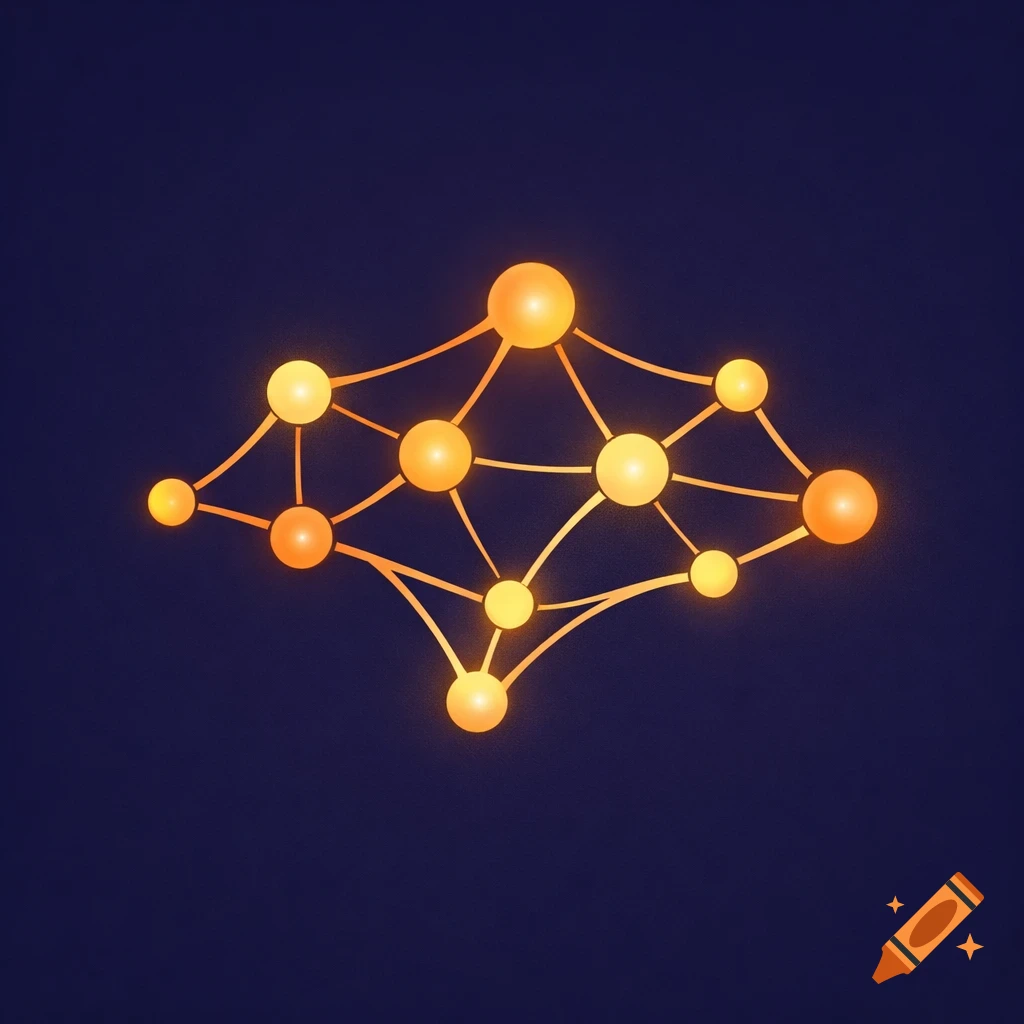 An abstract logo of glowing orange spheres connected by lines, forming a network against a dark blue background.