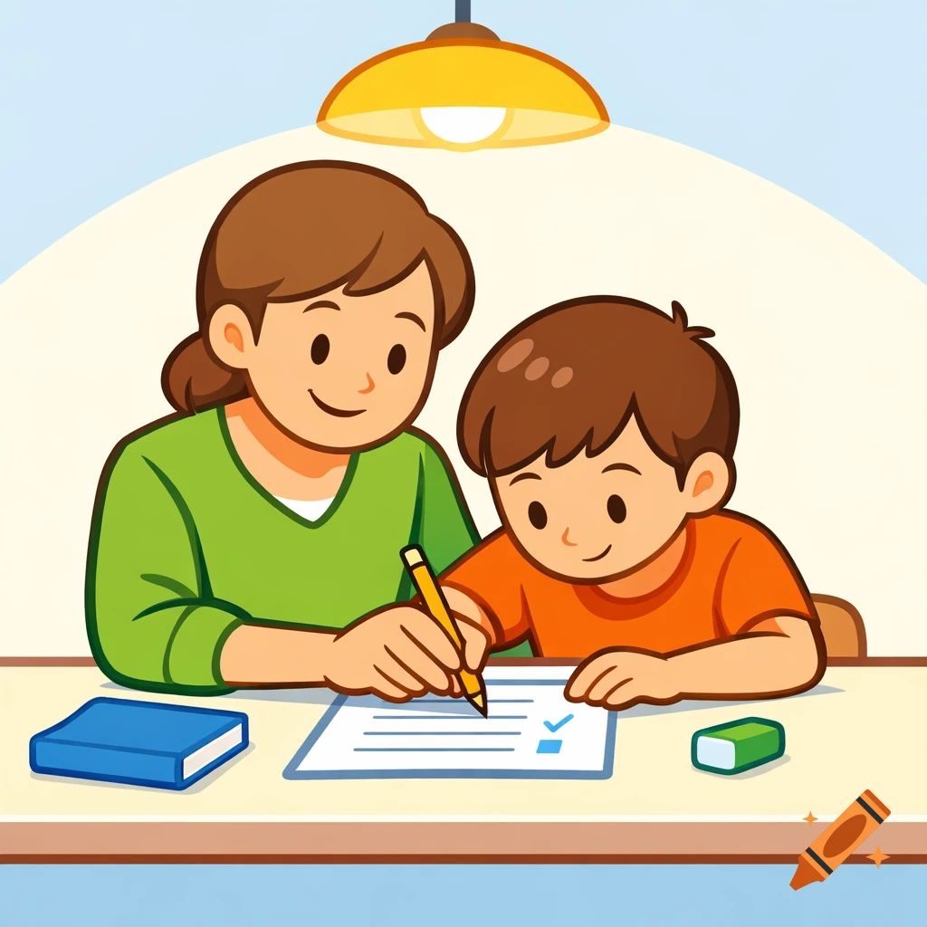 A cartoon illustration of a parent and child sitting at a table, with the child writing on a document under a lamp.