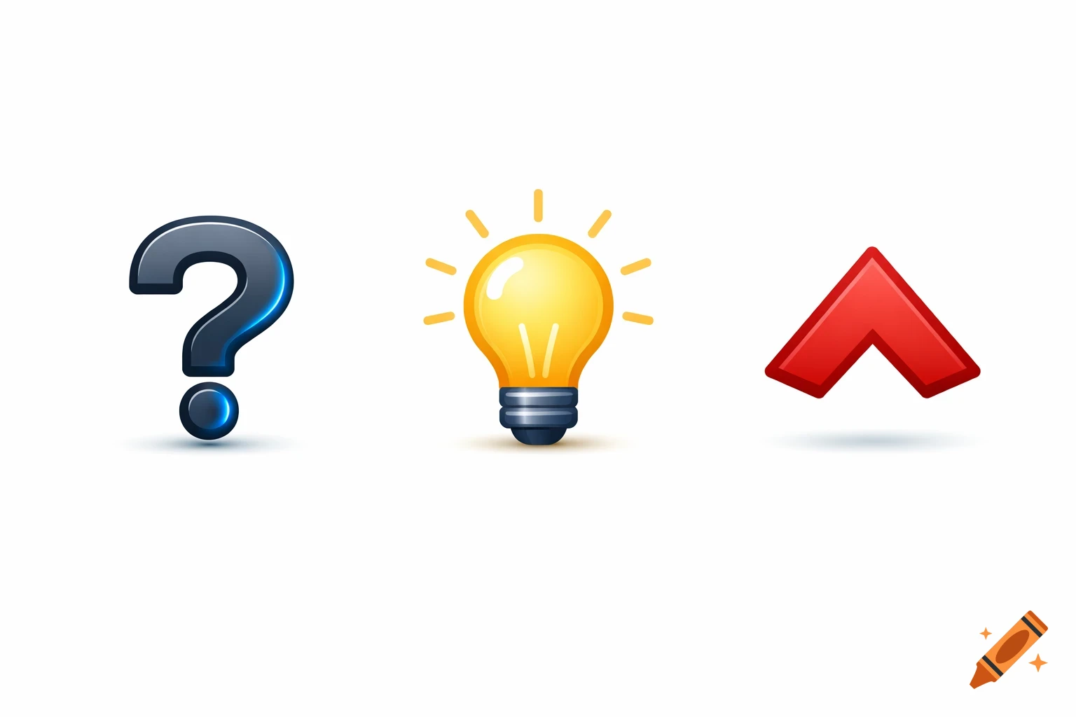 A glossy 3D question mark, a bright yellow lightbulb, and a red up arrow icon on a white background.