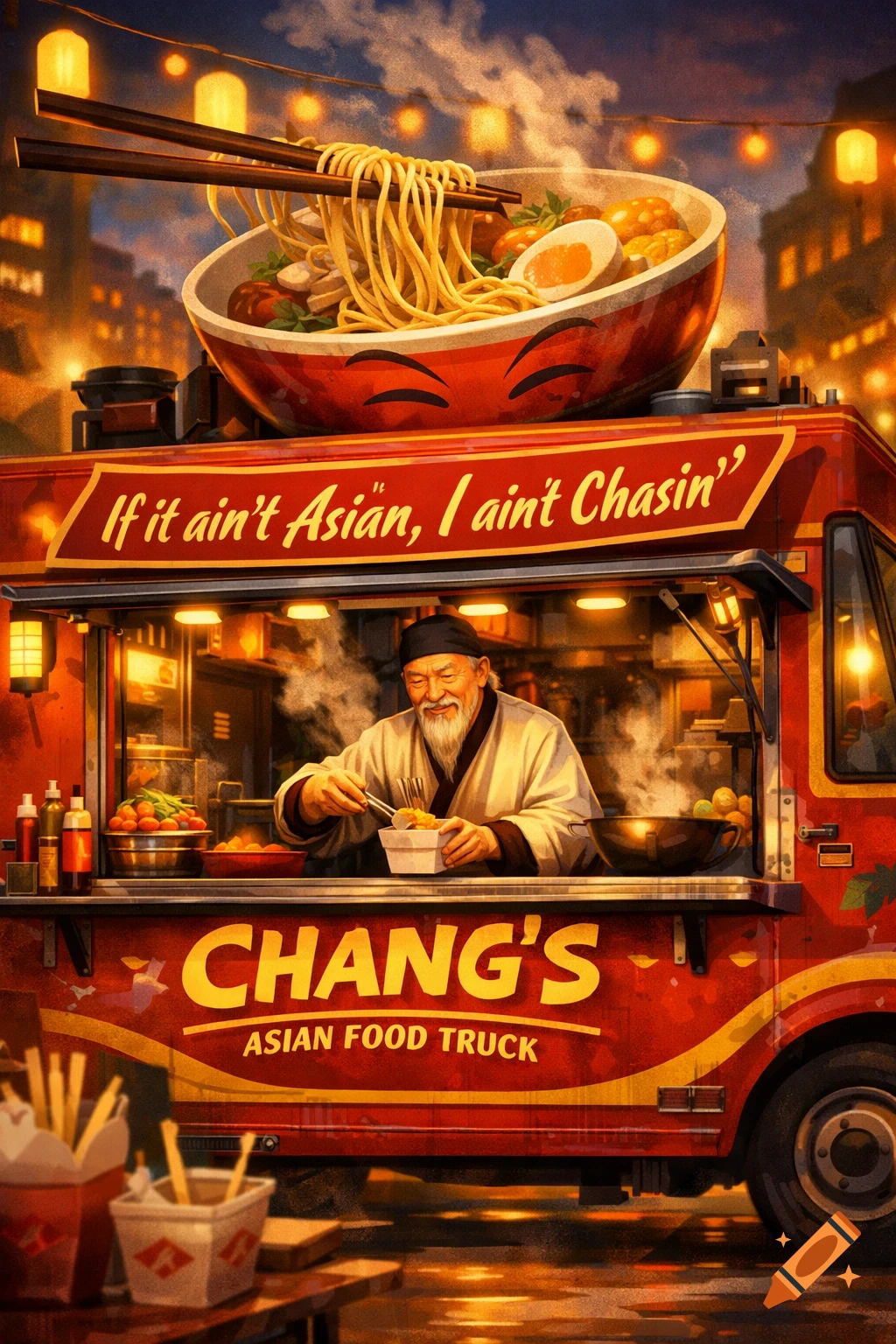 An illustration of a red and yellow Asian food truck named "CHANG'S" with an old chef serving food, topped by a large ramen bowl.