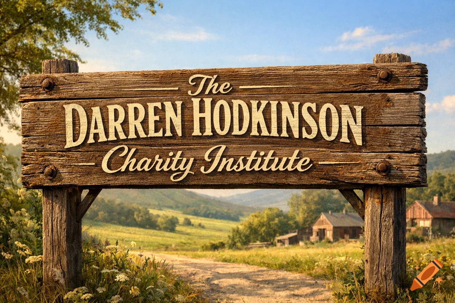 A rustic wooden sign on a dirt path reads 'The Darren Hodkinson Charity Institute' in a sunny, green rural landscape.
