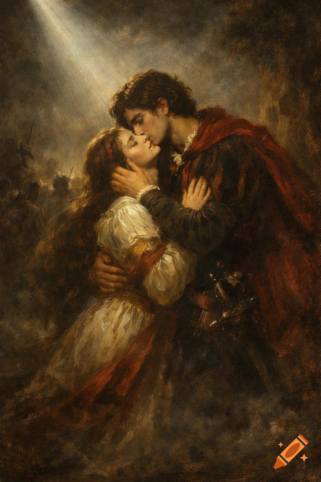 Classical painting of a man kissing a woman's forehead in a tender embrace, illuminated by a dramatic light beam.