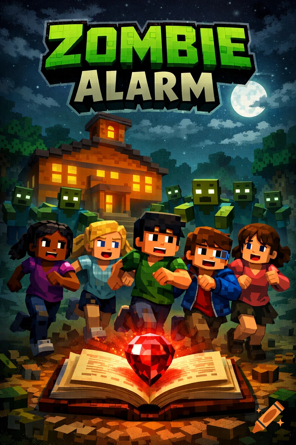 Pixel-art children run from Minecraft-style zombies at night. An open book with a glowing red ruby is in the foreground, with the title "ZOMBIE ALARM".