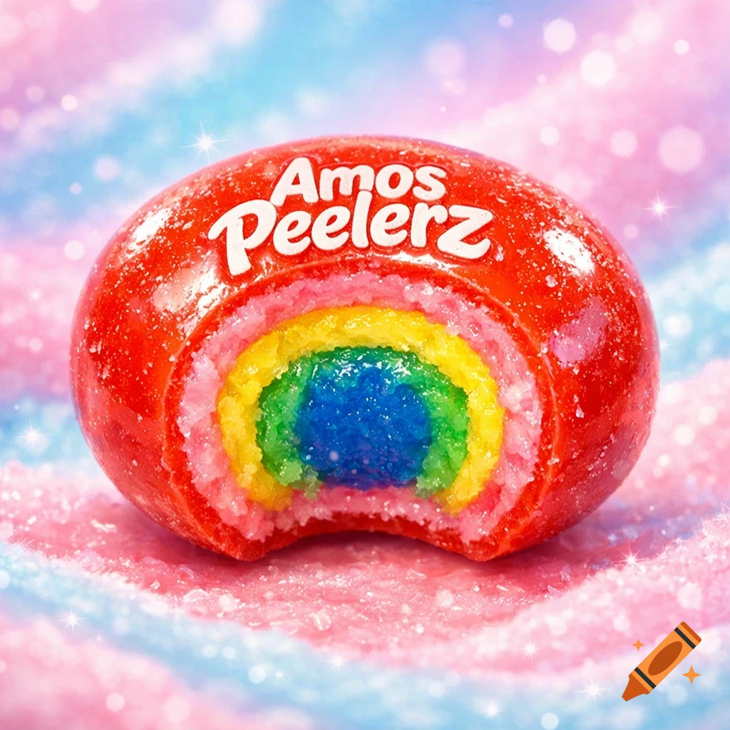 A close-up of a red, sugar-coated candy labeled "Amos Peelerz" with a bite taken out, revealing rainbow layers of yellow, green, and blue inside. It rests on a glittery pink and blue background.