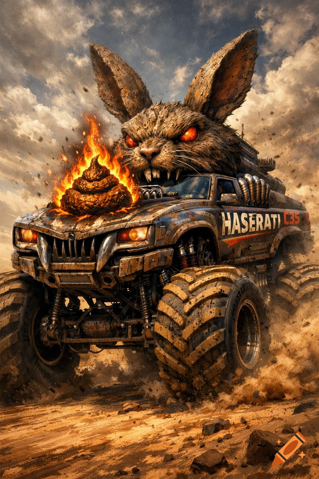 A giant, angry rabbit head monster truck, HASERATI C35, with a burning pile of feces on its hood, drives through a dusty landscape.