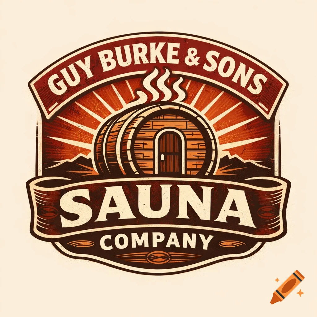 A retro-style logo for Guy Burke & Sons Sauna Company, featuring a wooden barrel sauna, mountains, sun rays, and stylized text.