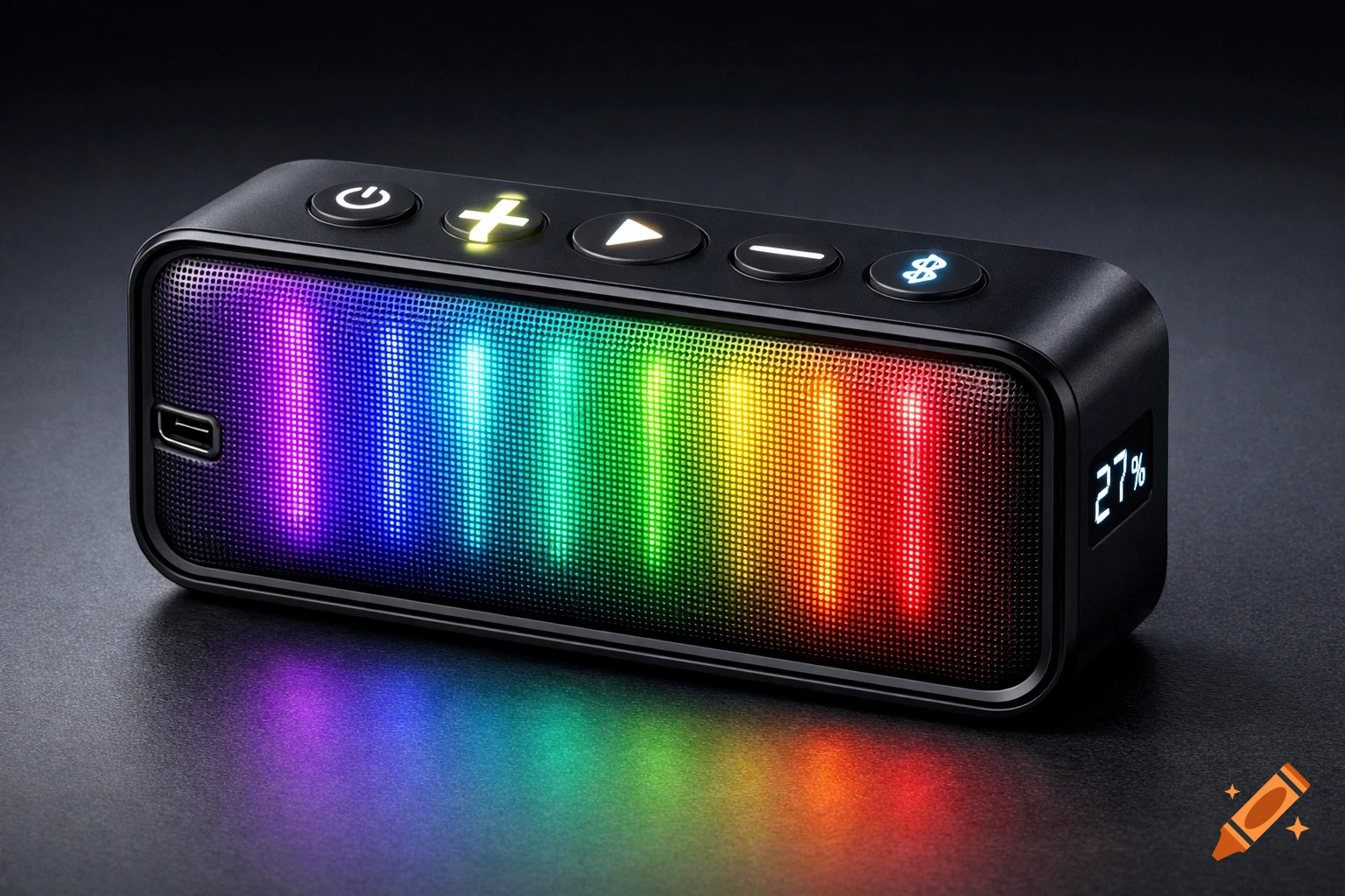 A black compact mini speaker with a rainbow of RGB LED lights on its front grille and backlit buttons, including a 27% battery indicator.
