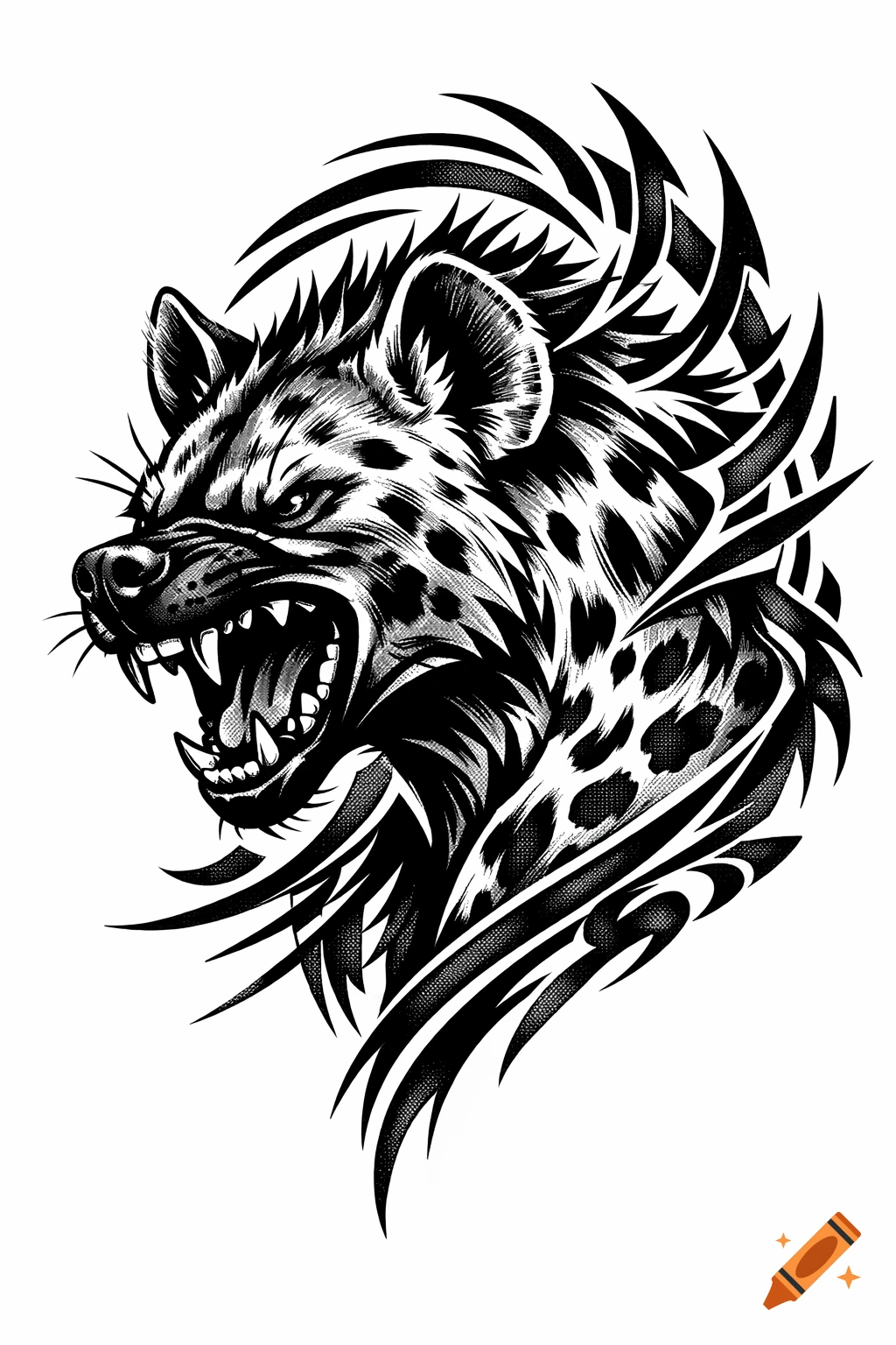 A black and white tribal style illustration of a snarling hyena head.