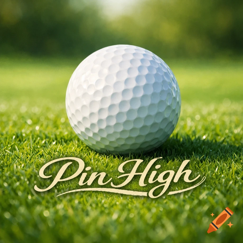 A photorealistic close-up of a white golf ball on green grass with the text 'Pin High' in a cursive font.