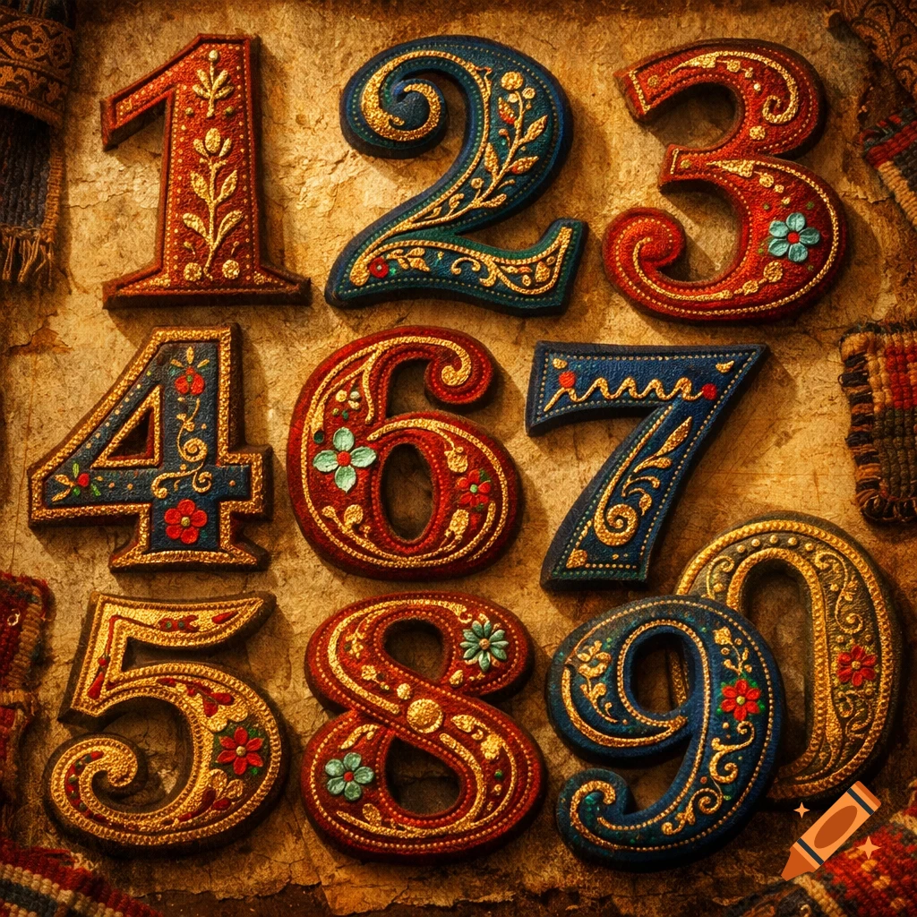An overhead shot of decorative numbers 0 through 9, featuring intricate gold embroidery and small colorful jewels on a textured, rustic background.