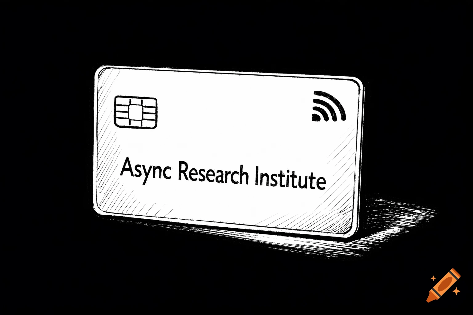 Black and white sketch of a keycard with a chip, contactless symbol, and 'Async Research Institute' text.