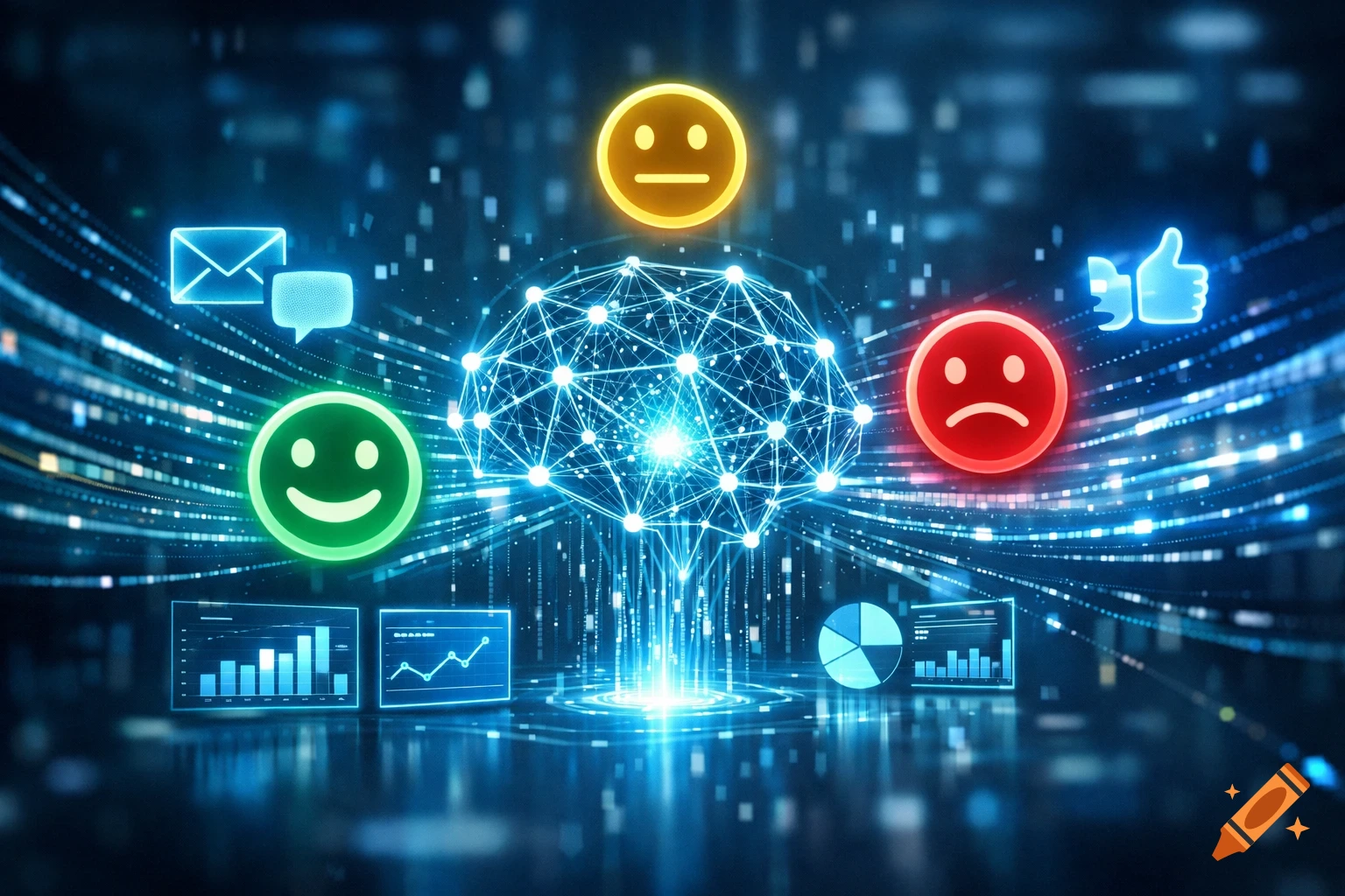 Modern digital illustration of an AI brain network analyzing marketing data, surrounded by glowing sentiment and communication icons.