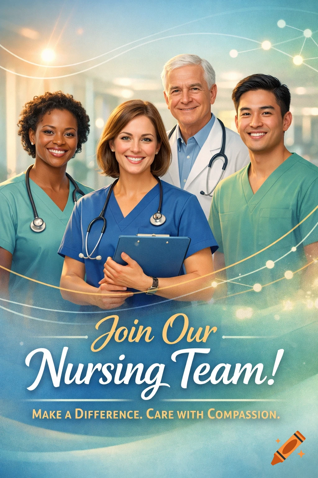 Four diverse healthcare professionals, including nurses and a doctor, smiling in a bright hospital setting with recruitment text.