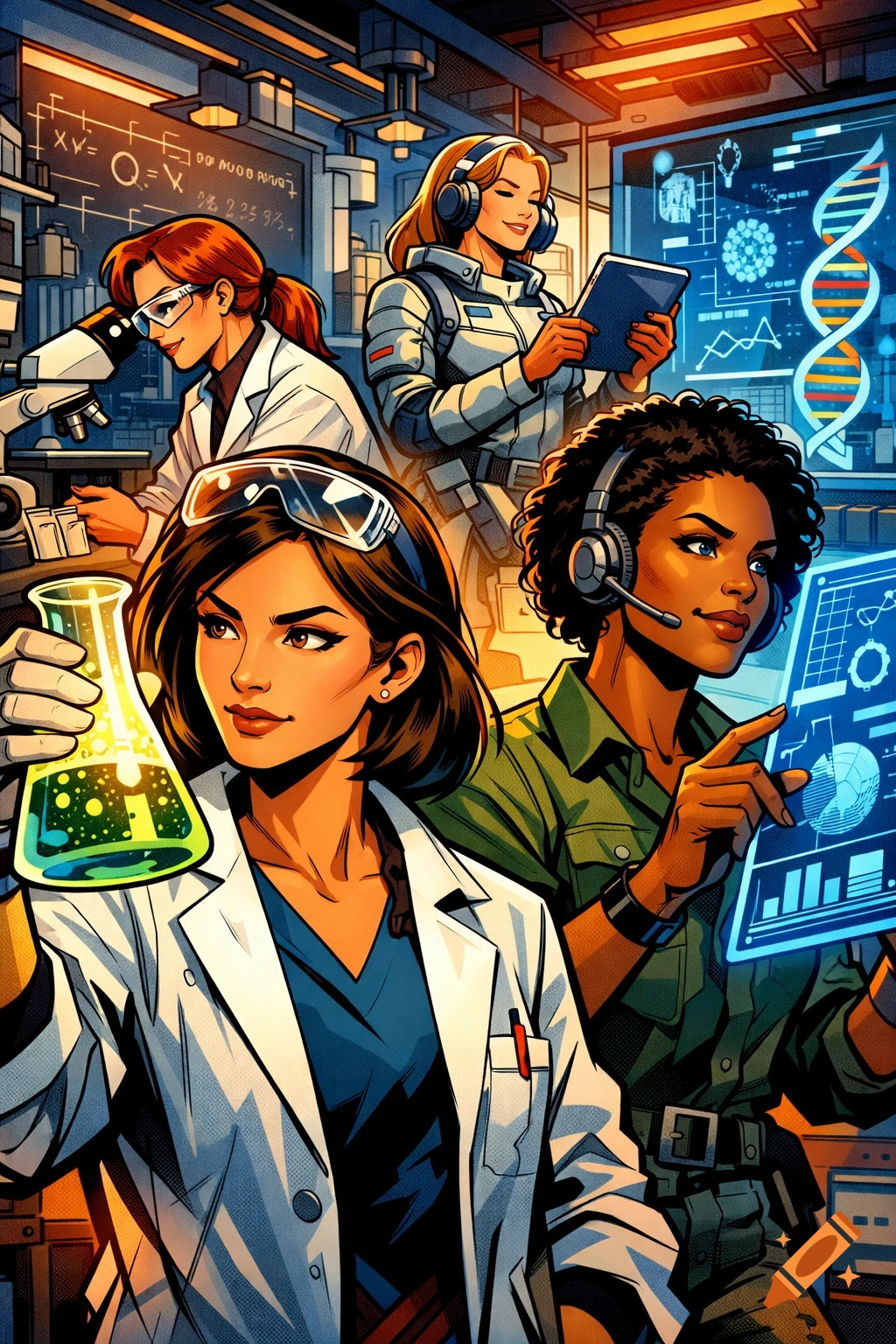 Comic art illustration featuring four diverse women scientists in a high-tech lab, with vibrant colors and bold outlines.