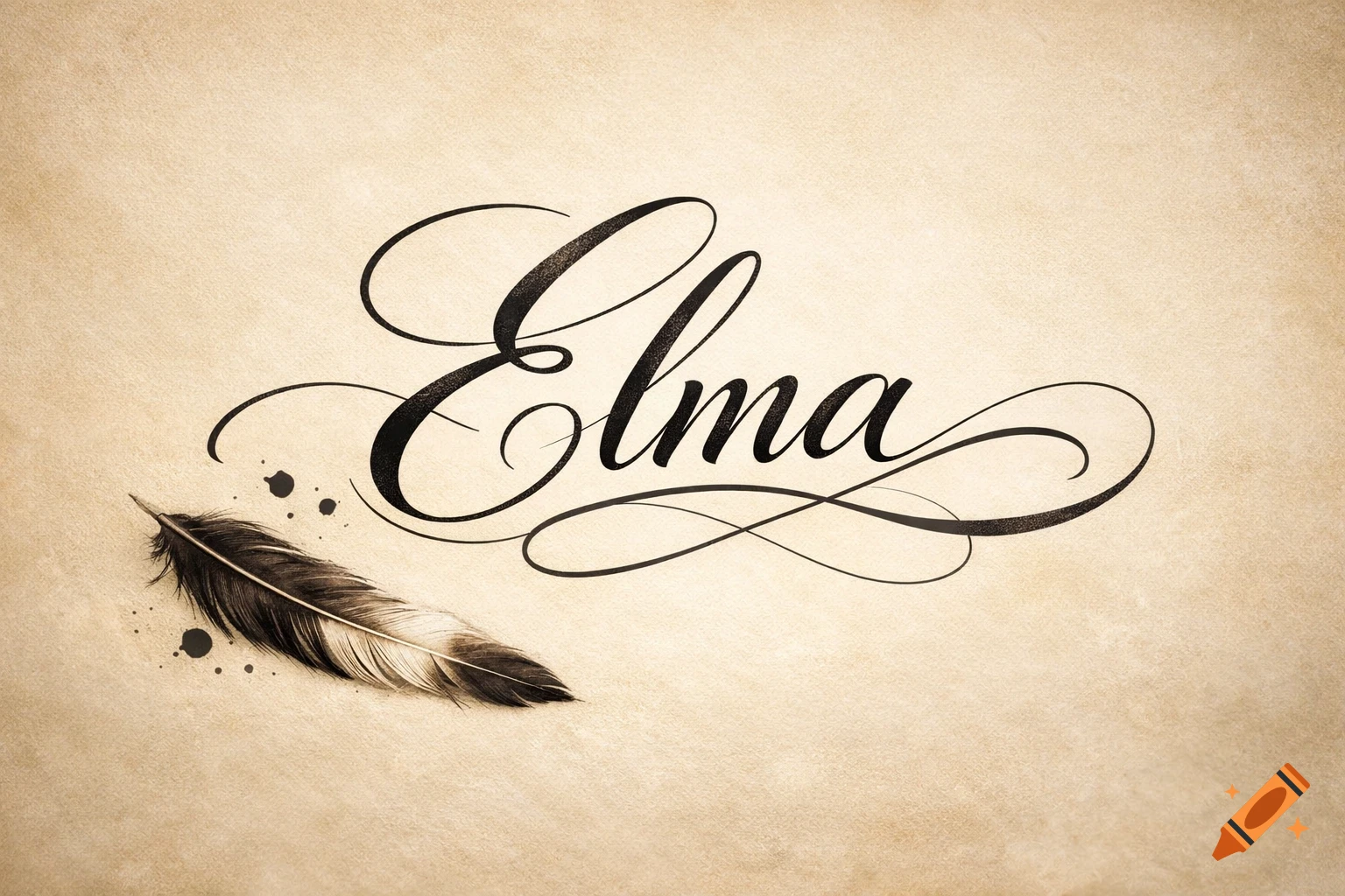 Elegant black calligraphy of the name 'Elma' on textured beige paper, with a feather and ink splatters.