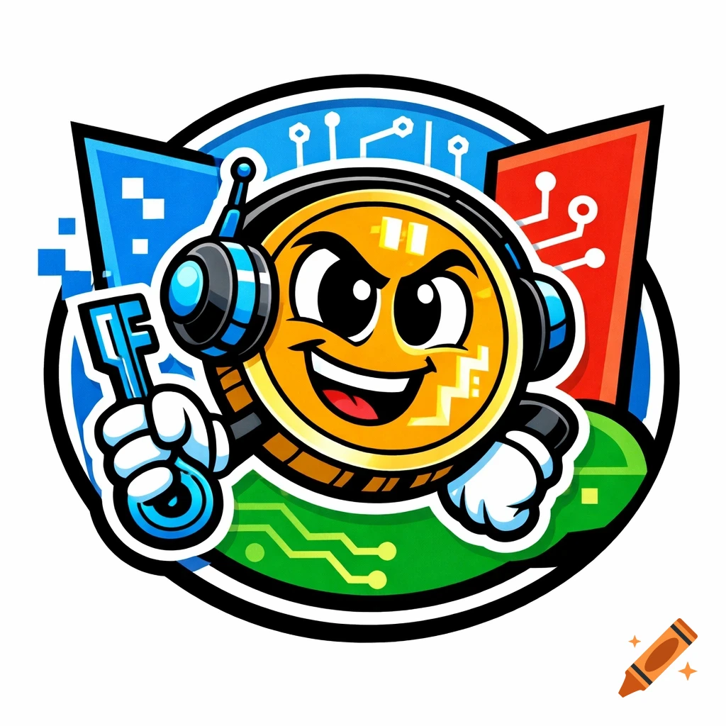 A cheerful flat 2D cartoon coin mascot wearing headphones, holding a blue key, against a stylized background with circuit board patterns.