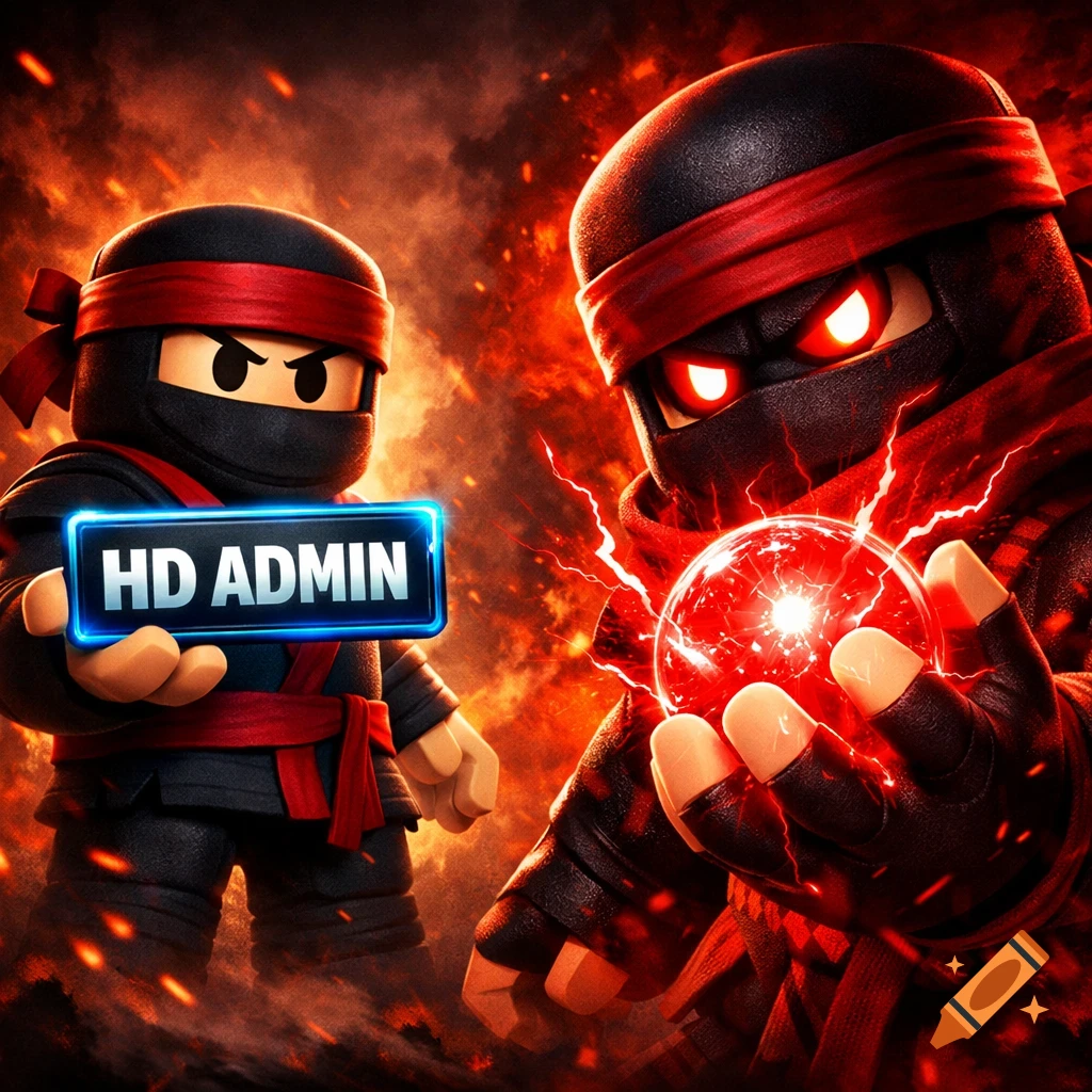 Two stylized Roblox-style ninja characters against a fiery background. One holds an 'HD ADMIN' button, the other a glowing red orb.