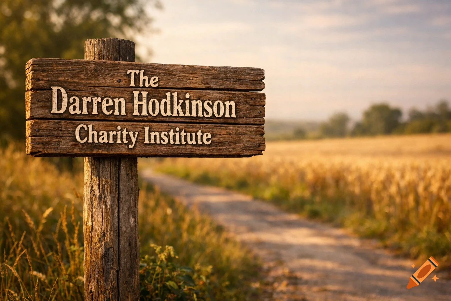 A rustic wooden sign reading 'The Darren Hodkinson Charity Institute' stands by a dirt path through a golden field at sunset.