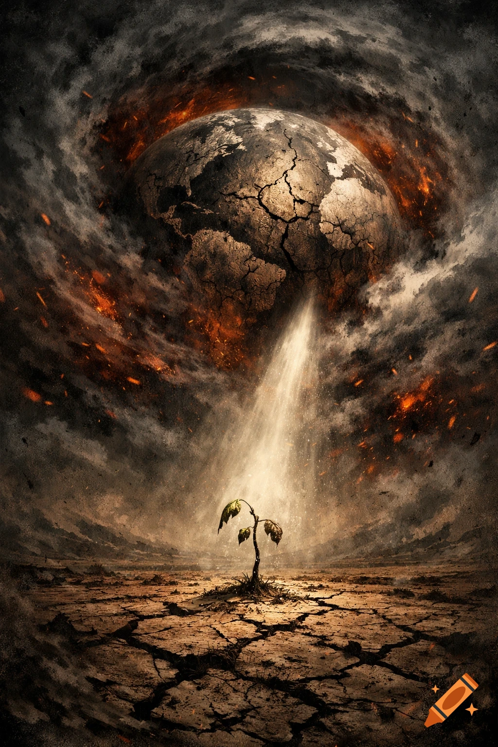 A cracked, barren Earth engulfed in fiery clouds and smoke shines a light onto a lone green plant struggling in a parched, cracked desert.