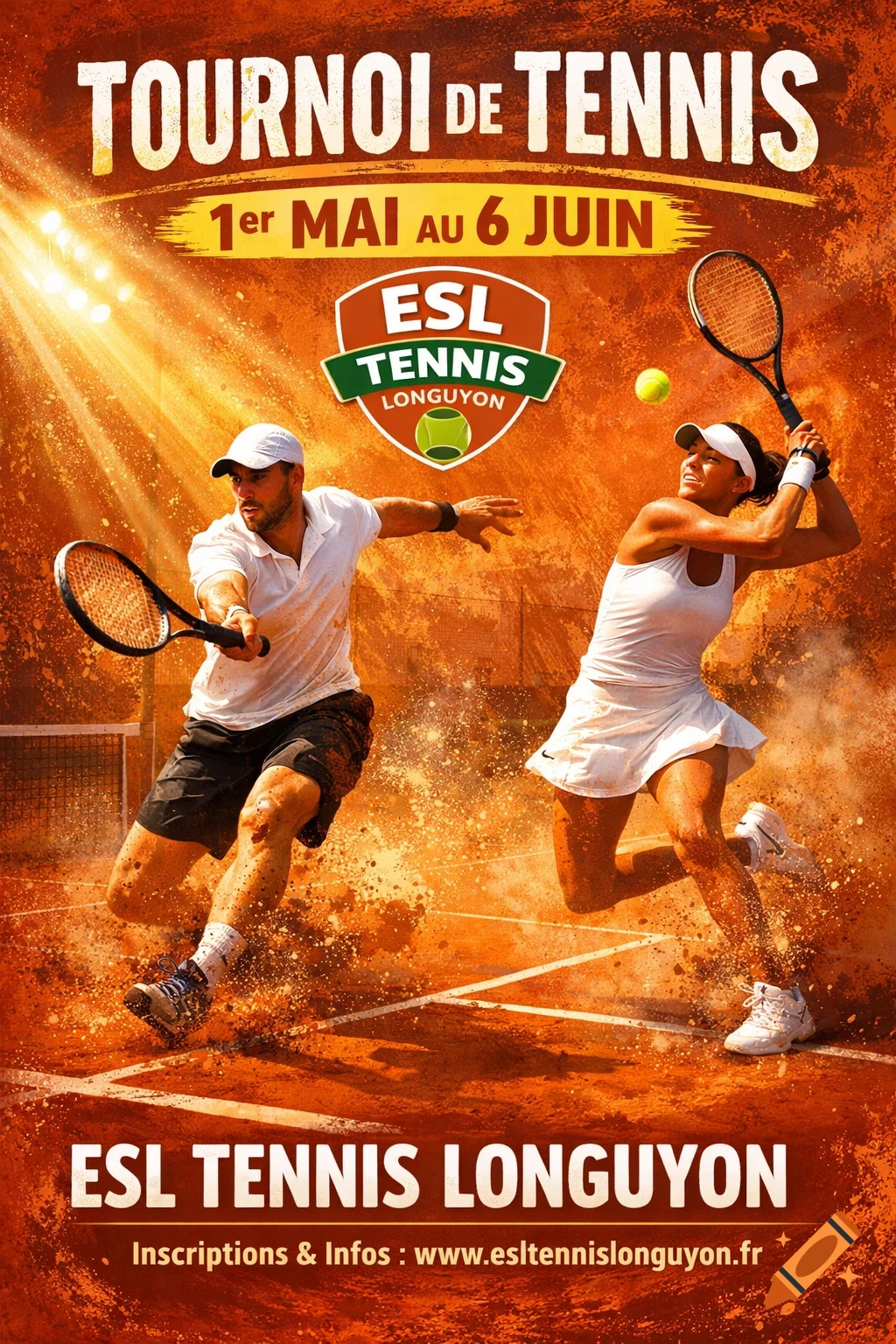 A dynamic poster showing a male and female tennis player on a clay court, hitting the ball, with dramatic lighting.