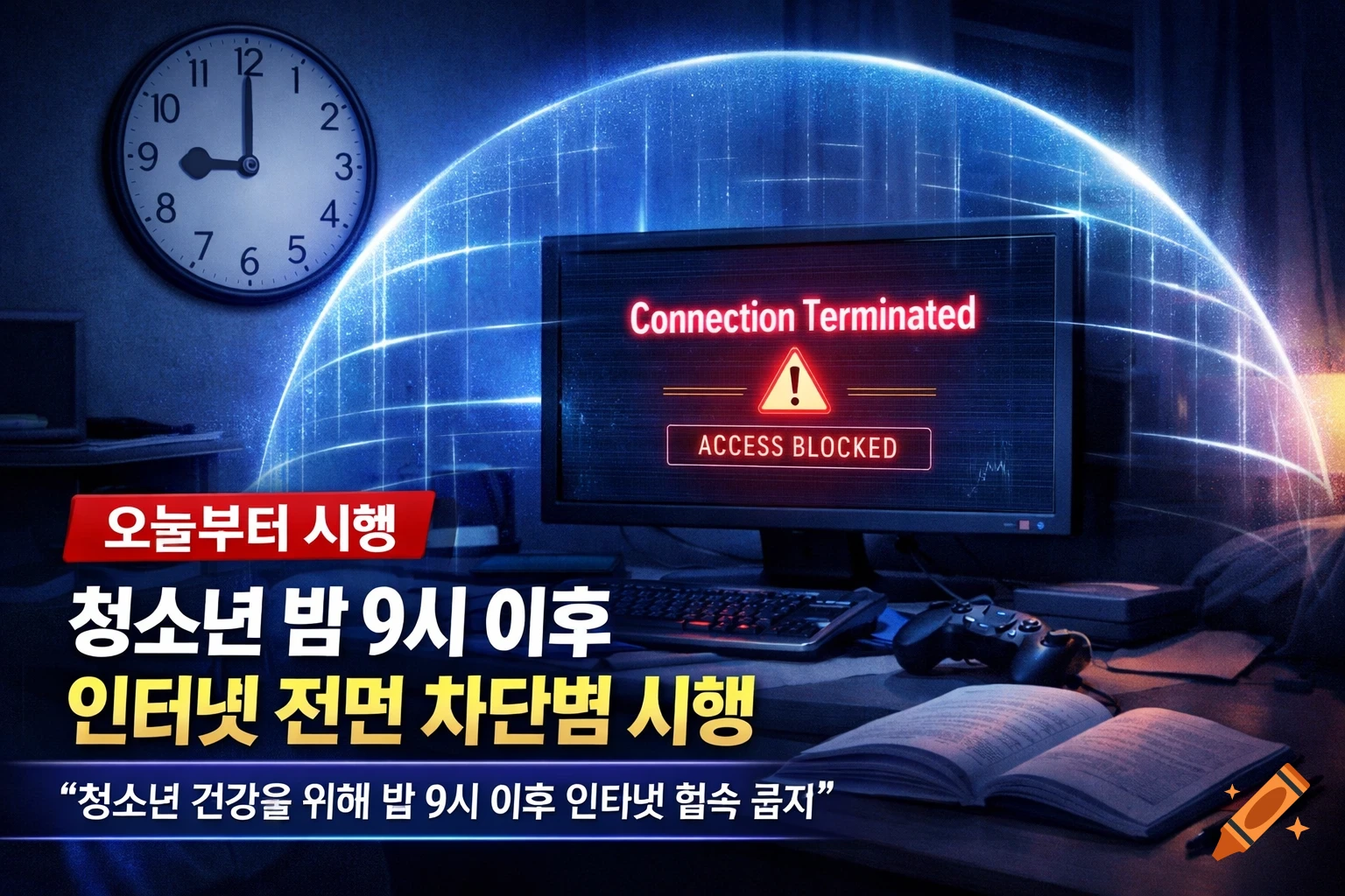 A computer monitor displaying "Connection Terminated" and "ACCESS BLOCKED" with a warning sign, alongside a clock showing 9 PM. Korean text announces a law blocking internet for teenagers after 9 PM.