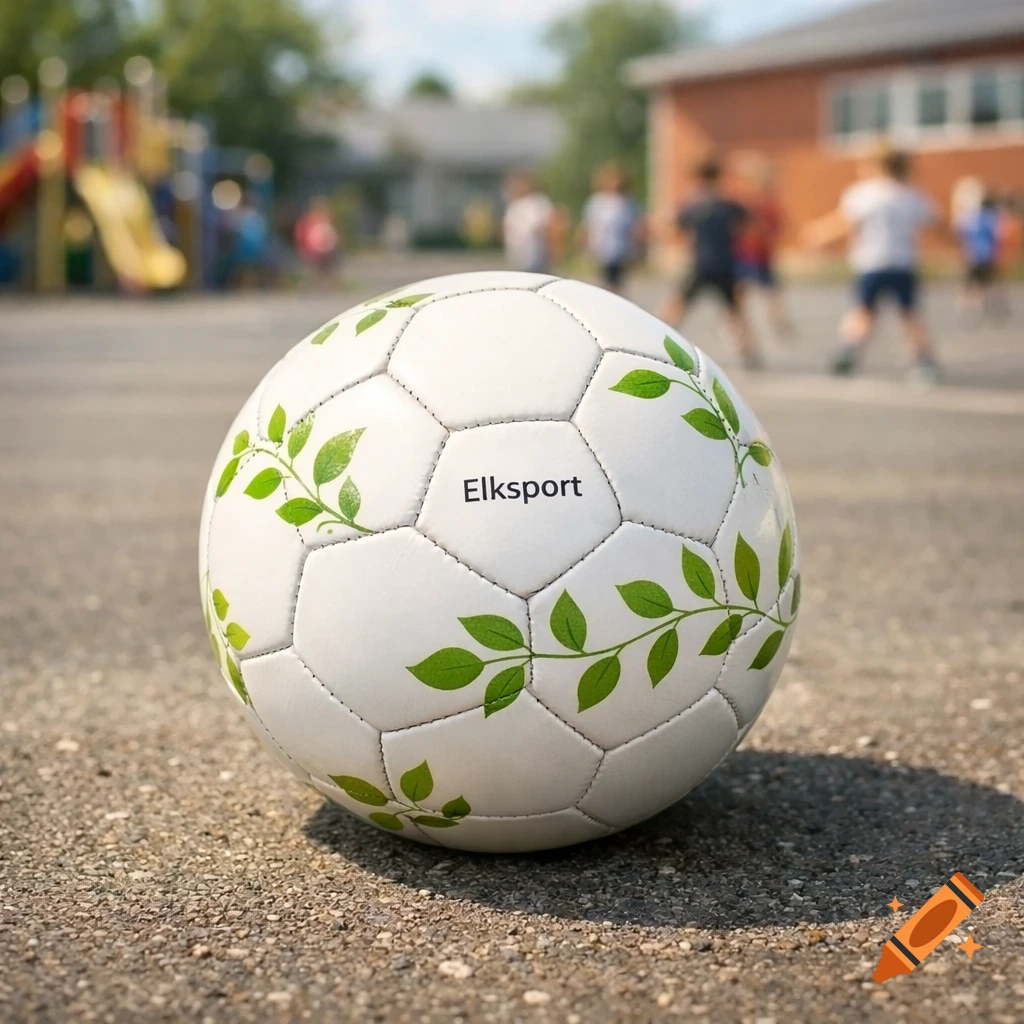 A white soccer ball with green leaf patterns and "Elksport" rests on asphalt, with blurred children playing in a sunny playground.
